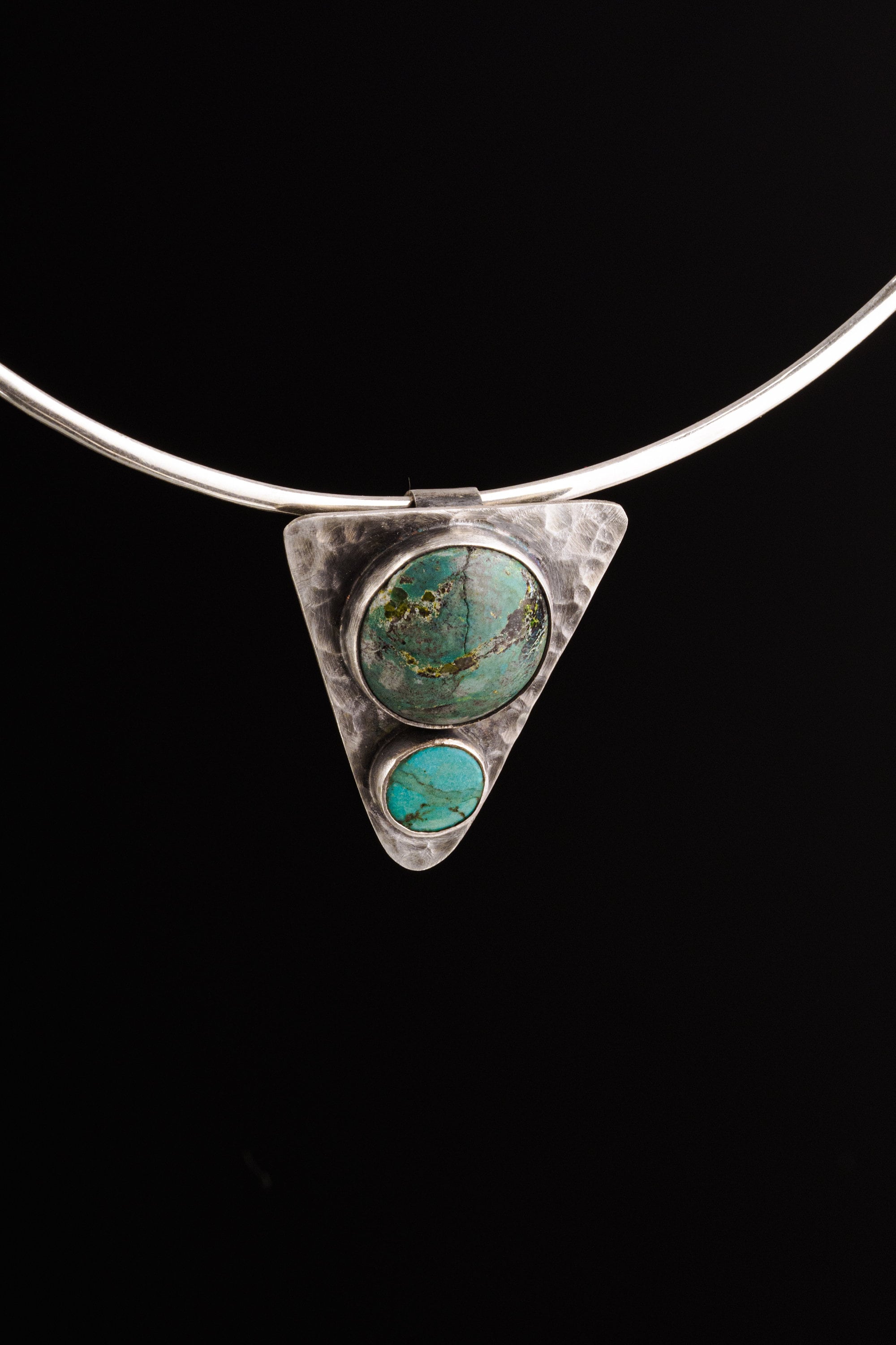 Hammered Turquoise Triangle Pendant: Oxidized Sterling Silver, Calming Chakra