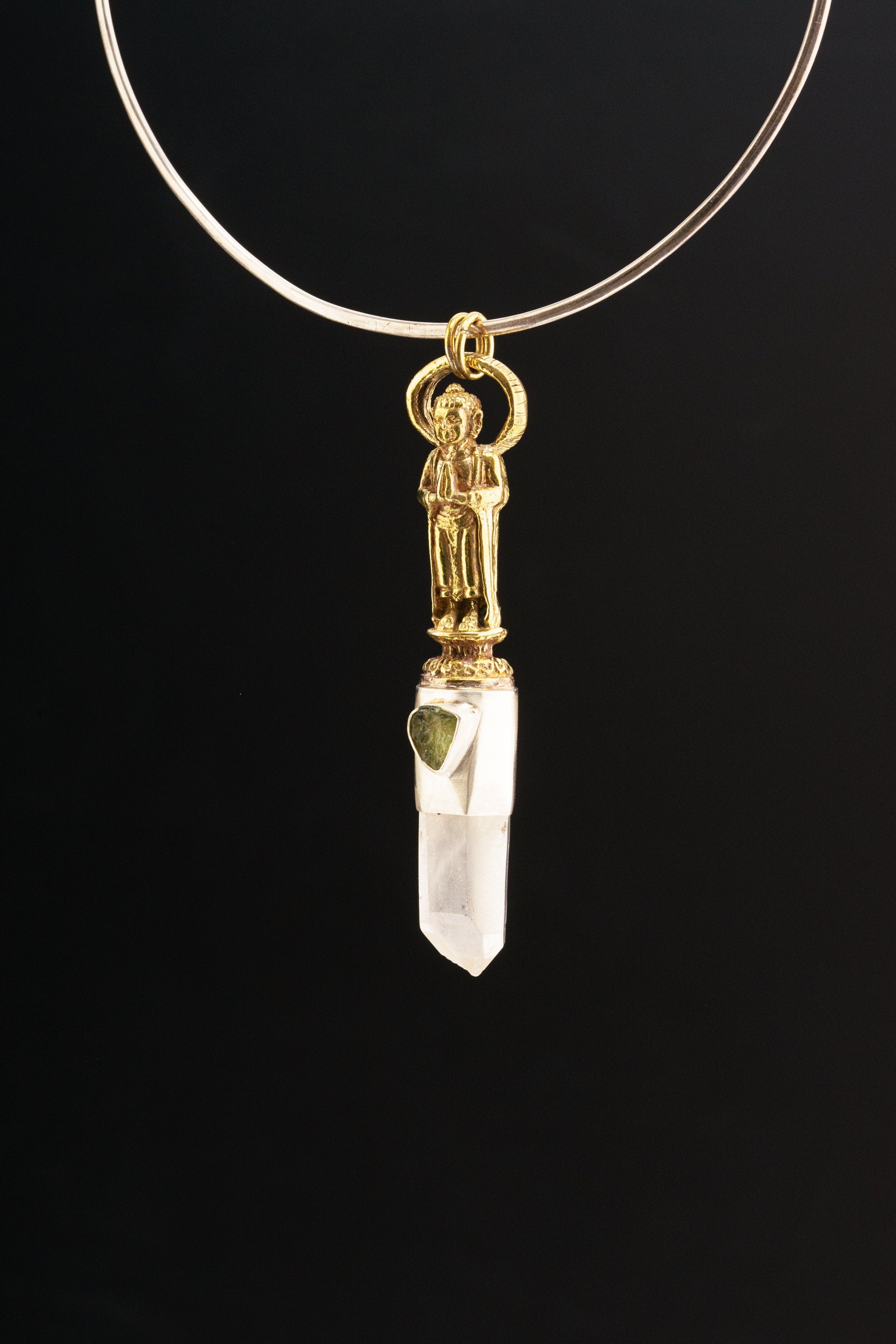 Himalayan Window Twin Quartz & Moldavite - Textured and Oxidised - Brass Cast Buddha - Crystal Pendant