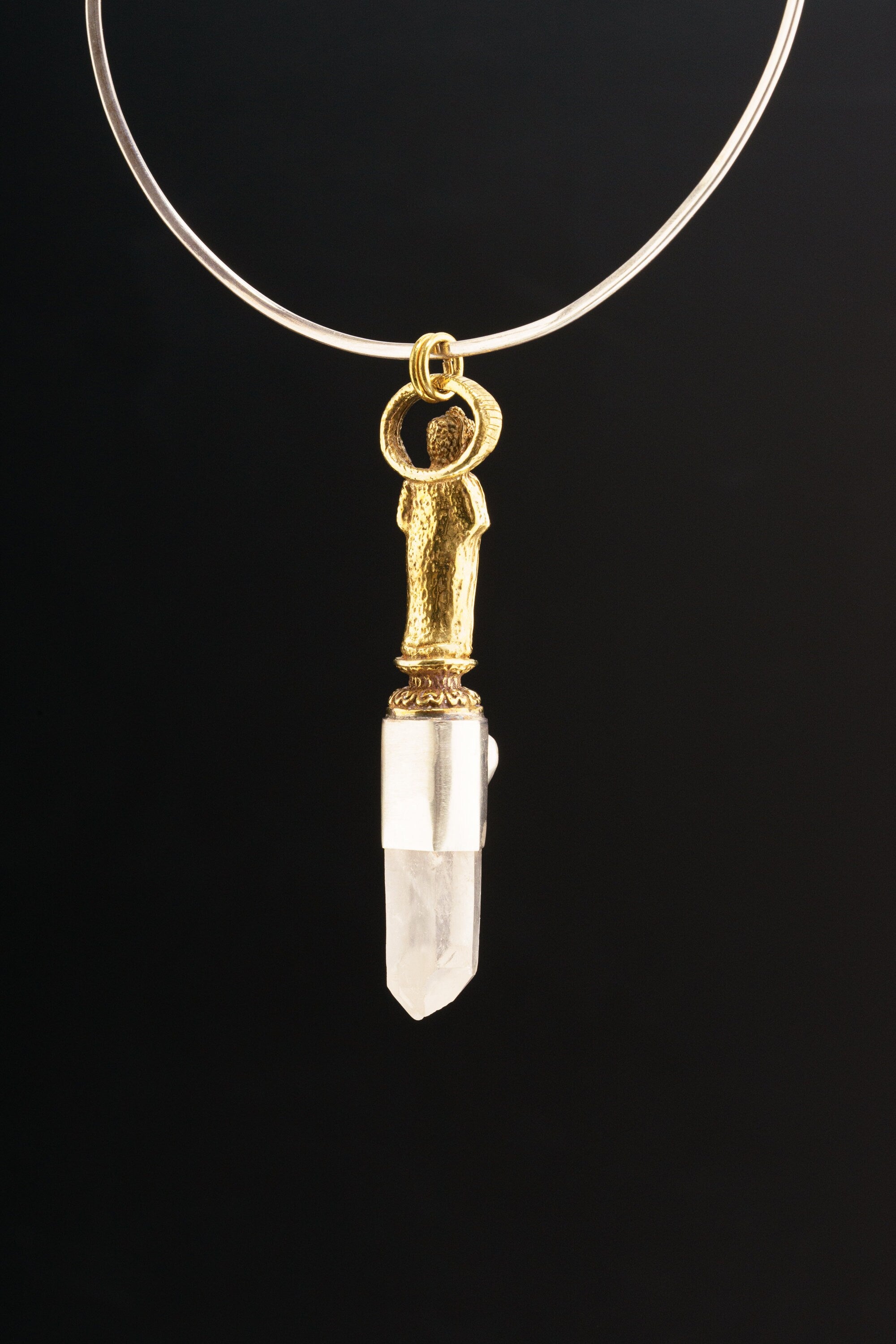 Himalayan Window Twin Quartz & Moldavite - Textured and Oxidised - Brass Cast Buddha - Crystal Pendant
