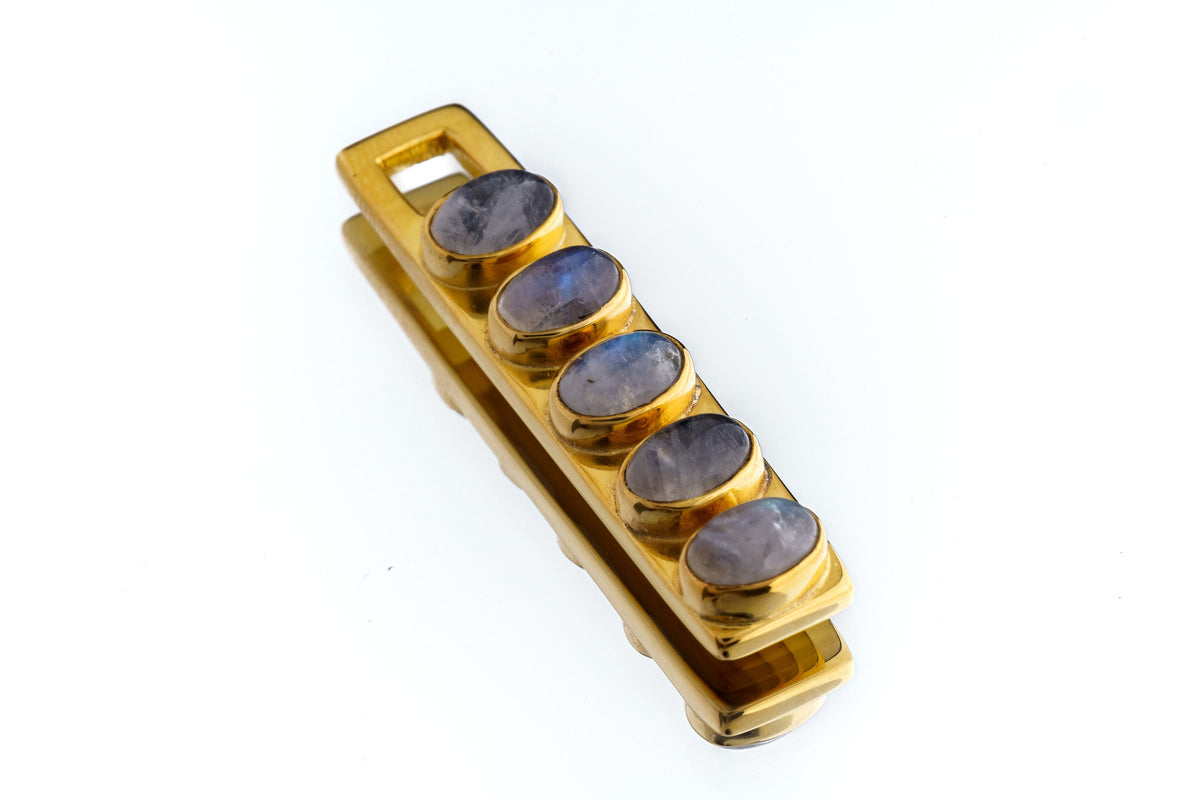 Five Blue Moonstone - Antique Gold Toned Brass - Flat Pendant - Inspiration, Success, and Good Fortune Stone