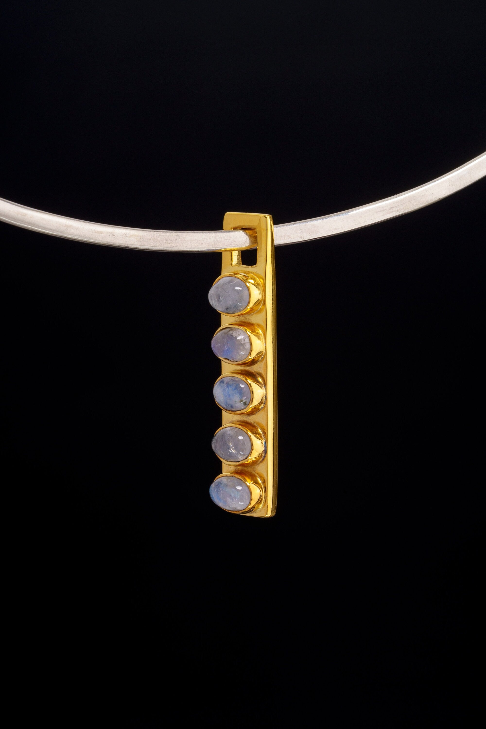 Five Blue Moonstone - Antique Gold Toned Brass - Flat Pendant - Inspiration, Success, and Good Fortune Stone