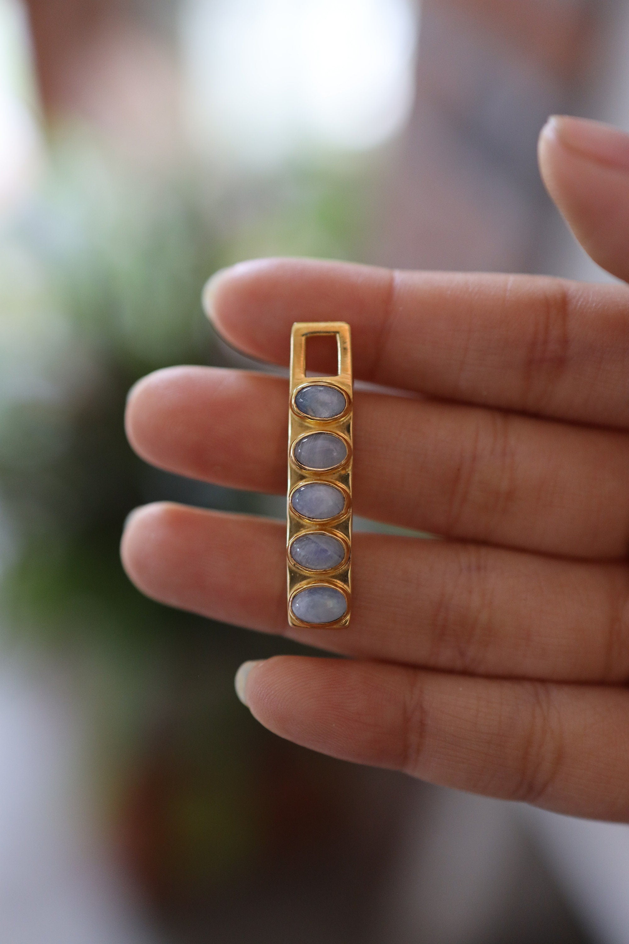 Five Blue Moonstone - Antique Gold Toned Brass - Flat Pendant - Inspiration, Success, and Good Fortune Stone