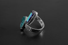 Angel Aura Quartz & Blue Gem Apatite - 925 Sterling Silver - Double Stone - Textured, High Shine Polish - Adjustable Open Ring Band