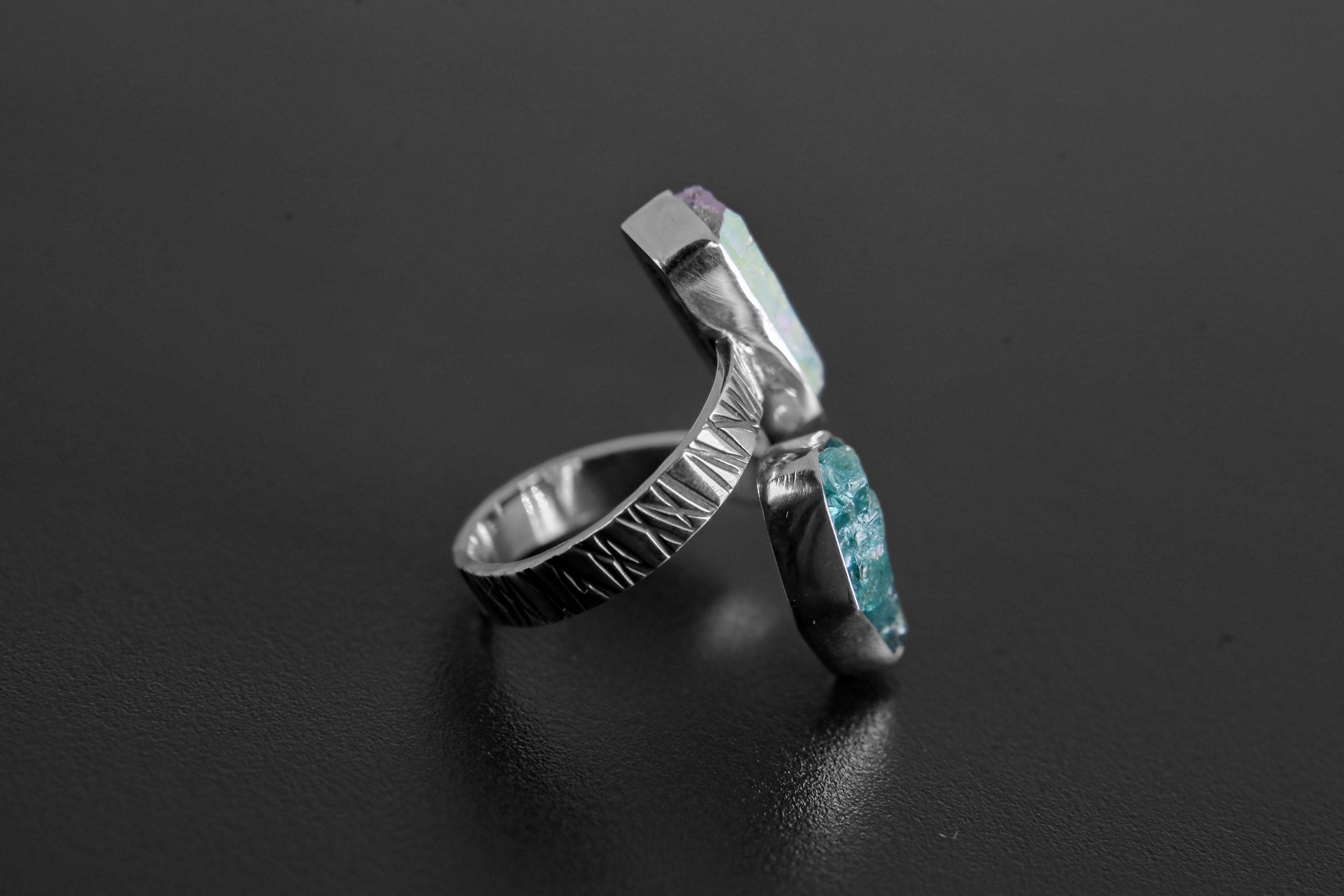 Angel Aura Quartz & Blue Gem Apatite - 925 Sterling Silver - Double Stone - Textured, High Shine Polish - Adjustable Open Ring Band