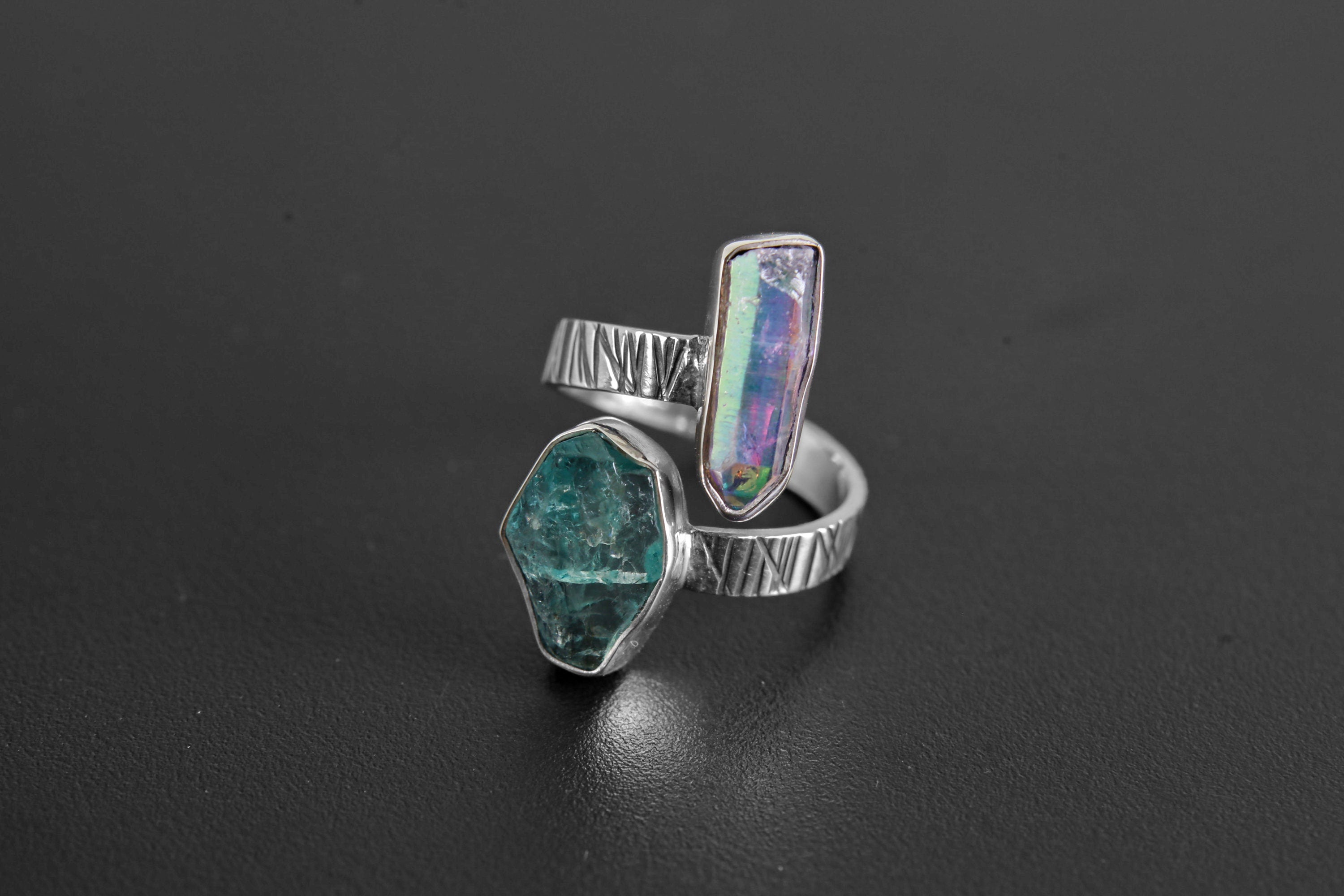 Angel Aura Quartz & Blue Gem Apatite - 925 Sterling Silver - Double Stone - Textured, High Shine Polish - Adjustable Open Ring Band