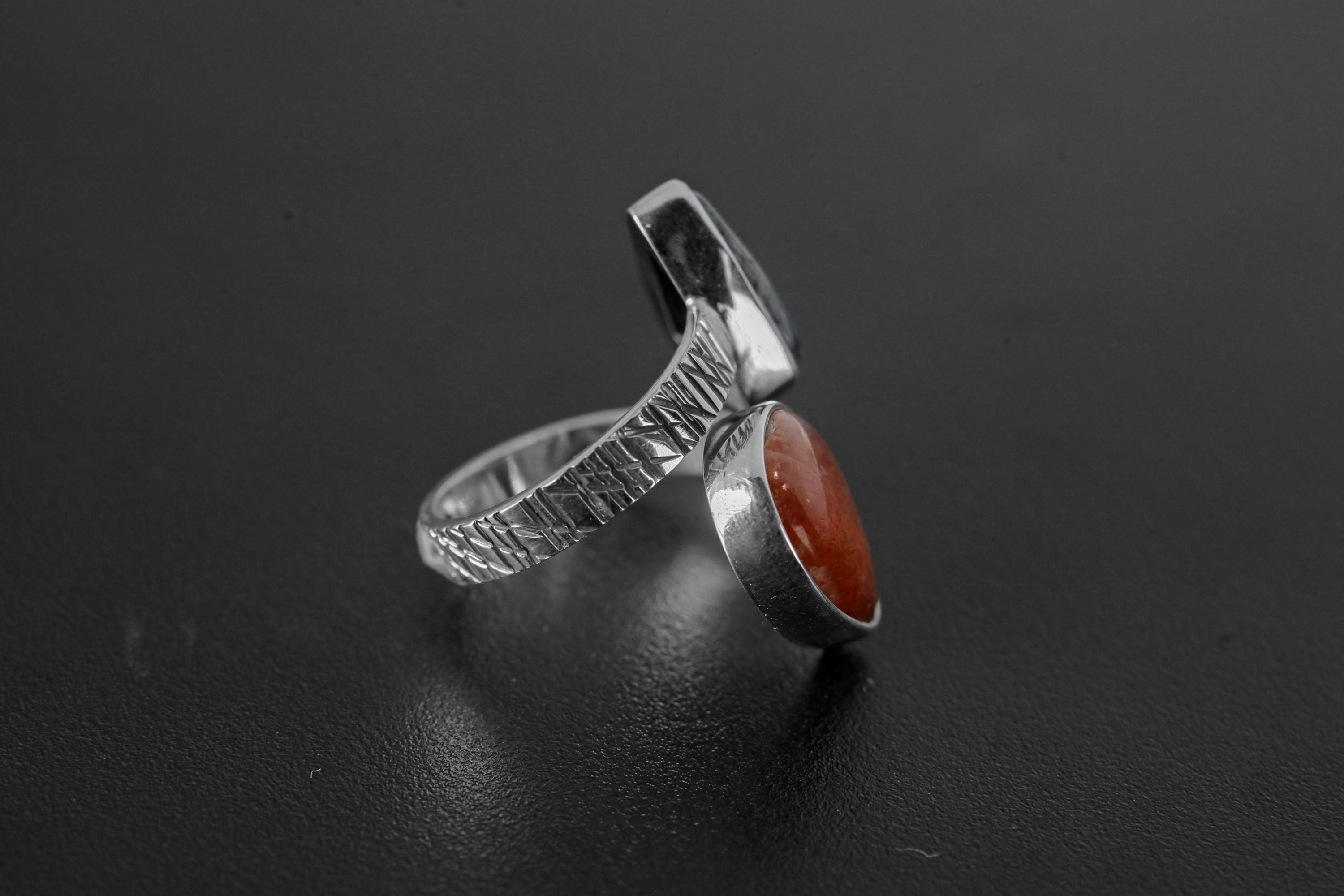 Black Rutile Quartz & Sunstone Teardrop - 925 Sterling Silver - Double Stone - Textured, High Shine Polish - Adjustable Open Ring Band