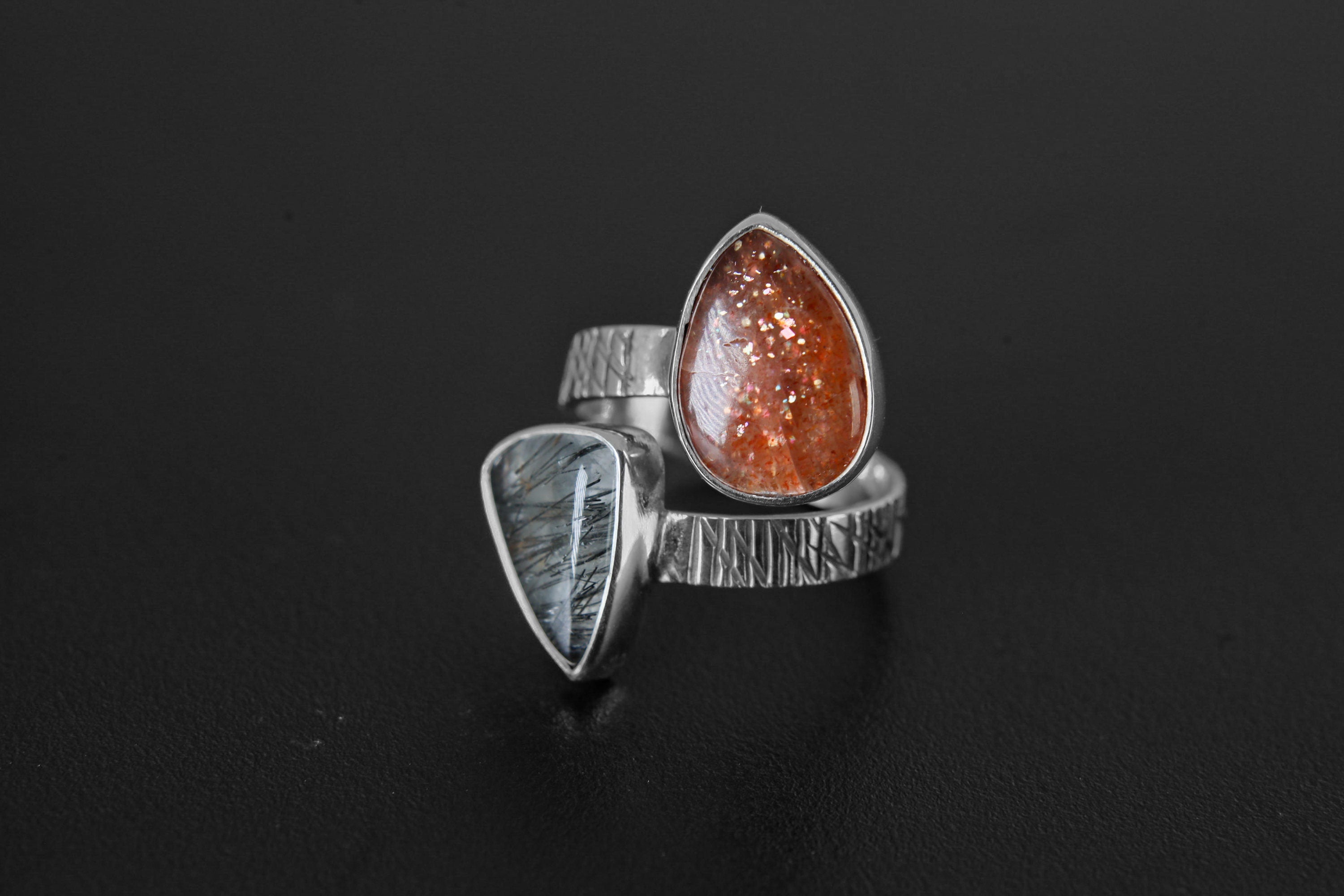Black Rutile Quartz & Sunstone Teardrop - 925 Sterling Silver - Double Stone - Textured, High Shine Polish - Adjustable Open Ring Band