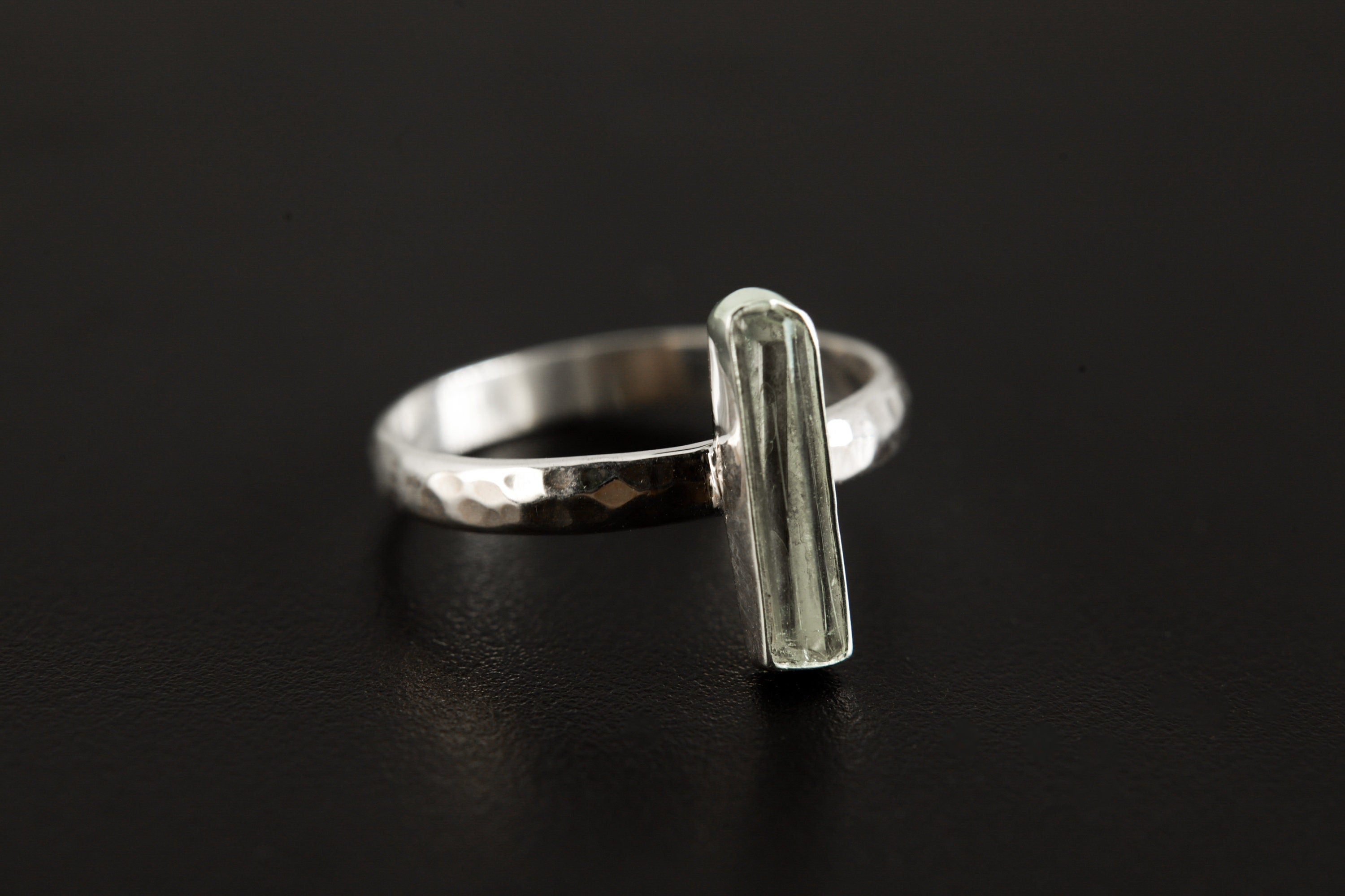 Hammered Sterling Silver Aquamarine Ring: Long Square Crystal, Size 9