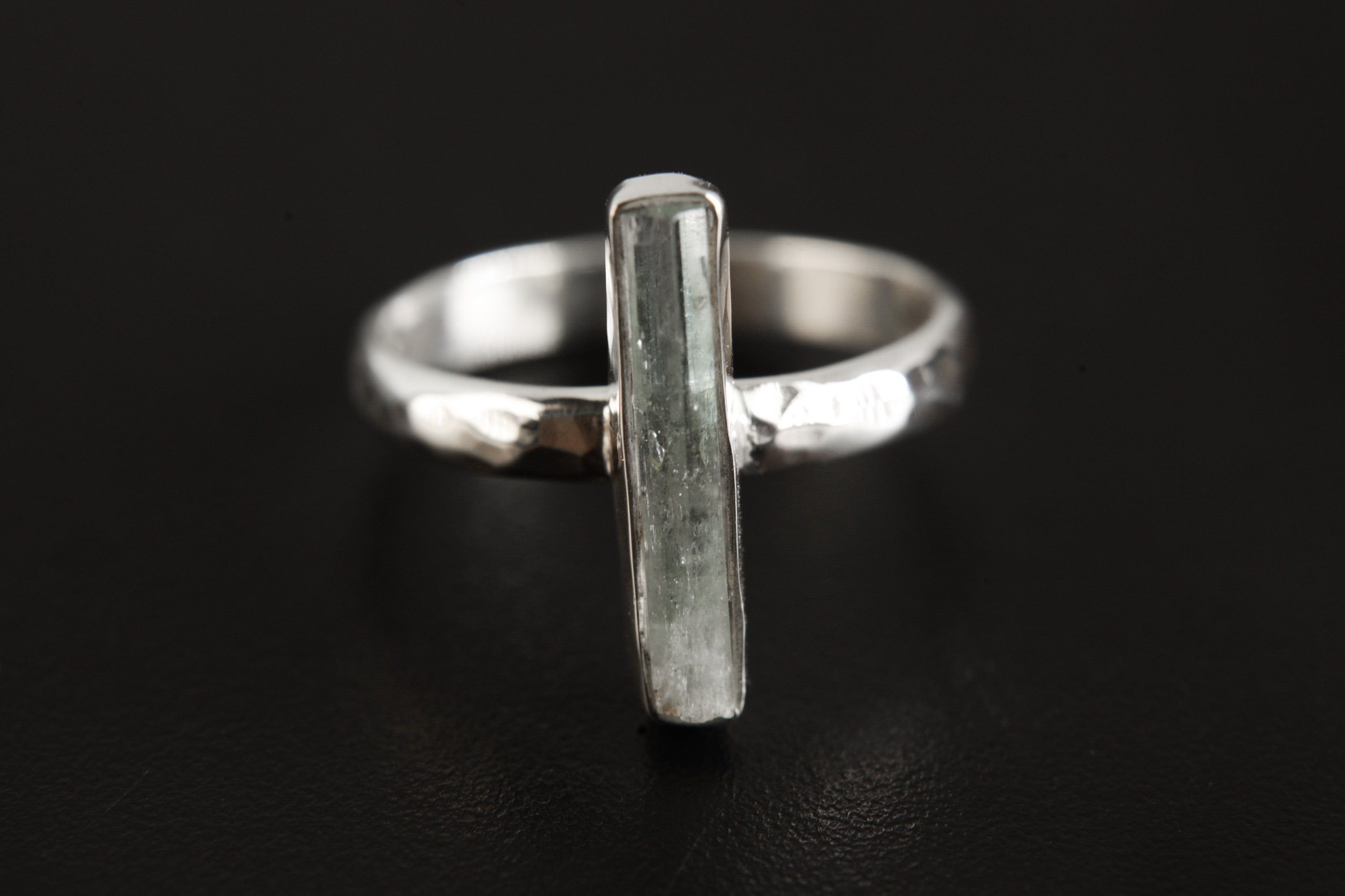 Petite Aqua Natural Fossicked Aquamarine Ring Sterling Silver Hammer Textured & Shiny Finish Band, Size 6 US, Throat Chakra, Pisces/Aquarius