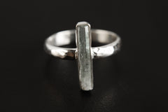 Petite Aqua Natural Fossicked Aquamarine Ring Sterling Silver Hammer Textured & Shiny Finish Band, Size 6 US, Throat Chakra, Pisces/Aquarius