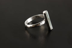 Petite Aqua Natural Fossicked Aquamarine Ring Sterling Silver Hammer Textured & Shiny Finish Band, Size 6 US, Throat Chakra, Pisces/Aquarius