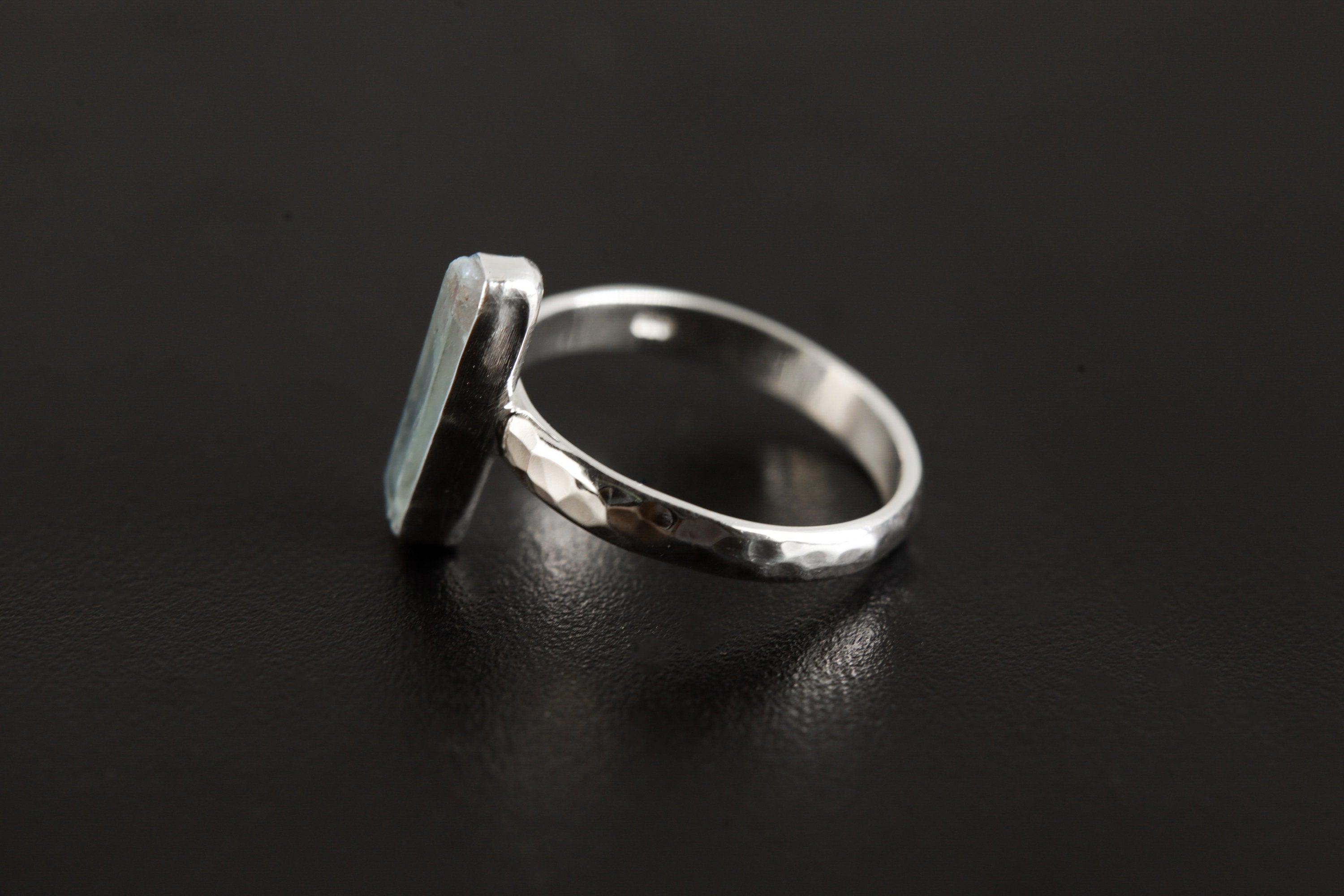 Ocean Vibe Australian Aquamarine Ring, Sterling Silver, Hammer Textured & Shiny Finish Band, Size 6 US, Throat Chakra, Pisces/Aquarius