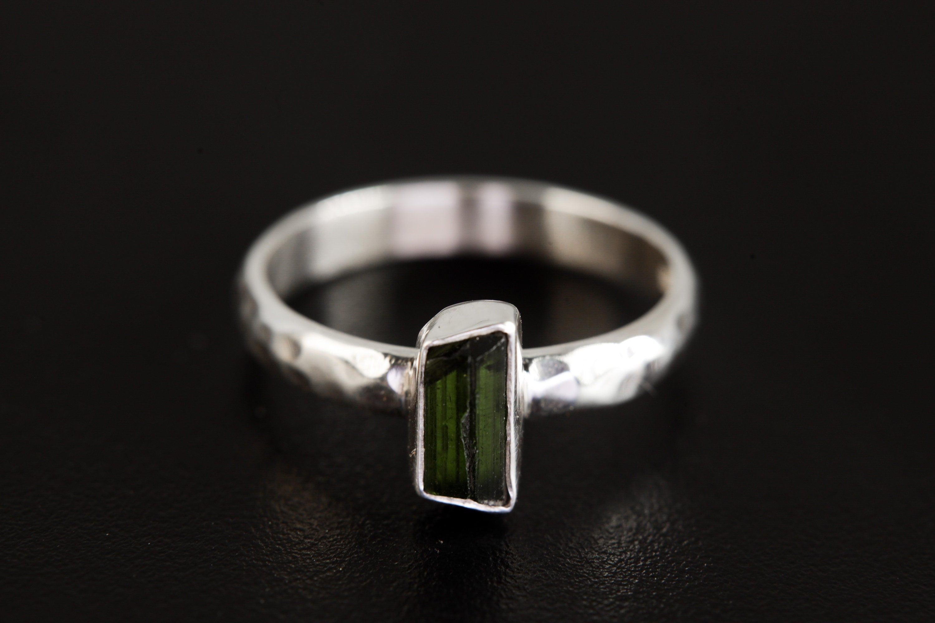 Verdelite Green Tourmaline Ring 925 Silver Hammered Stack Band Natural Crystal Heart Chakra Minimalist Jewelry Size 6 US