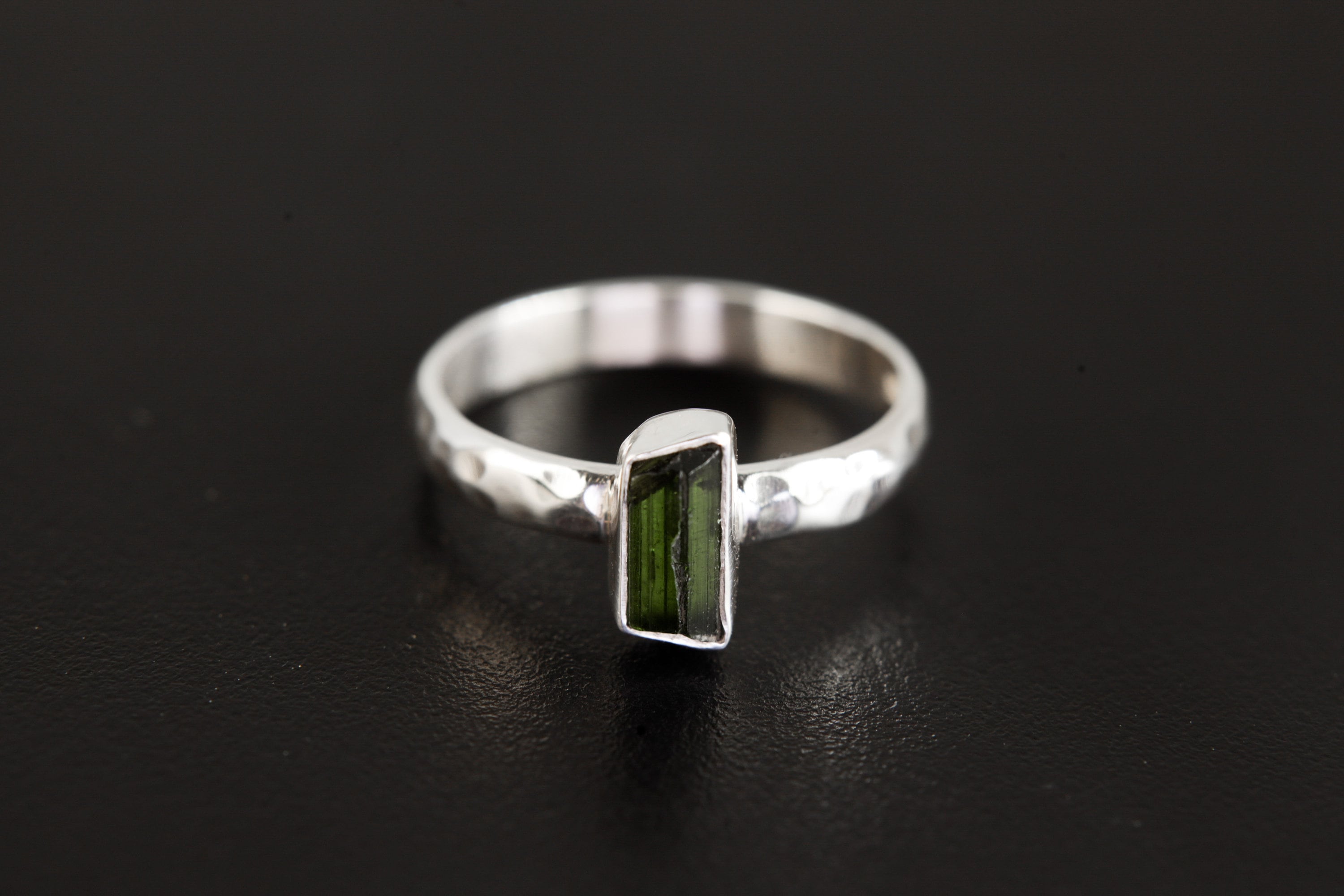 Green Tourmaline Ring: Hammered Sterling Silver Band, Size 6