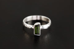 Green Tourmaline Ring: Hammered Sterling Silver Band, Size 6