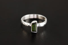 Natural Green Tourmaline Ring, Petite & Potent Gem, Sterling Silver, Hammer Textured Shiny Band Size 6 US, Heart Chakra Libra/Virgo Energy