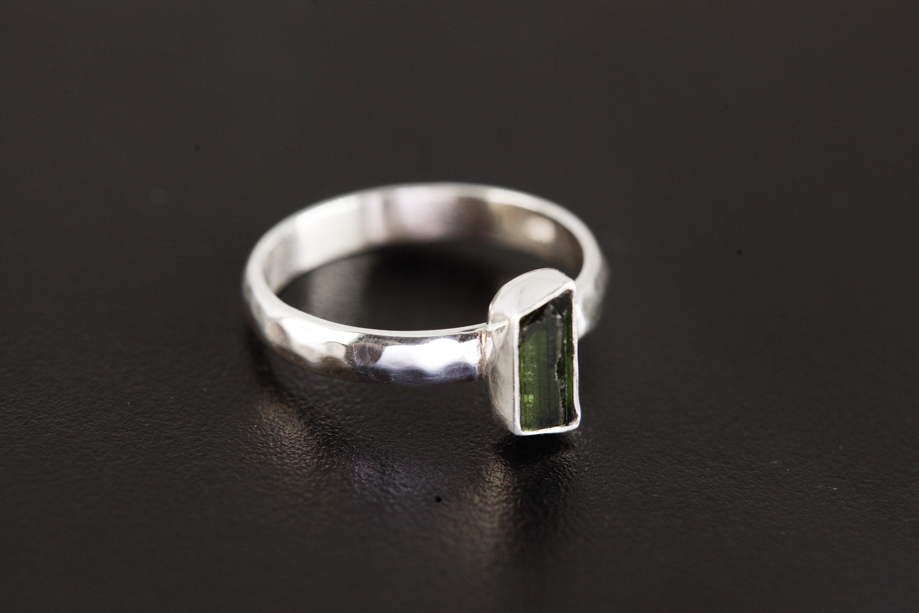 Green Tourmaline Ring: Hammered Sterling Silver Band, Size 6