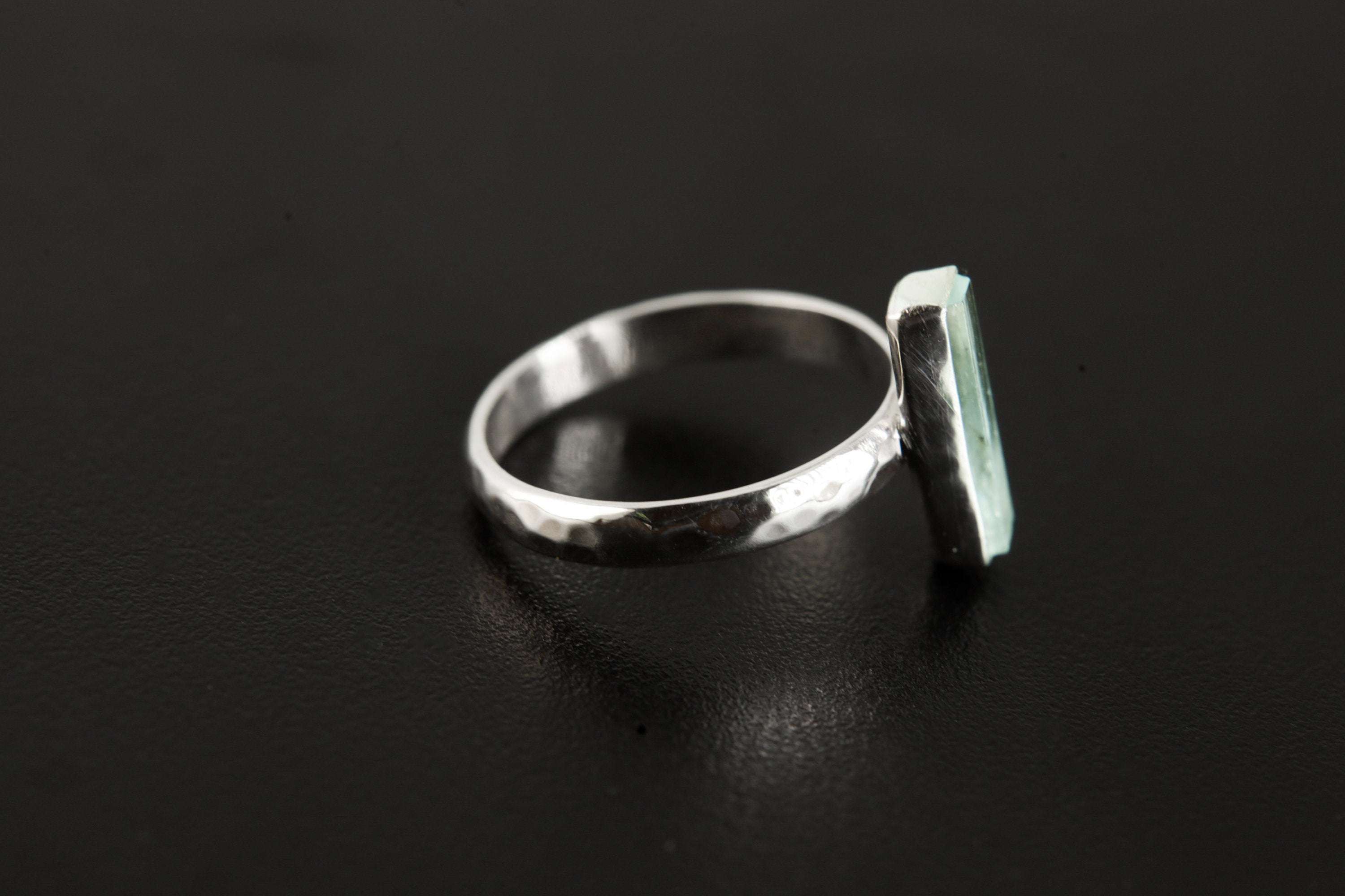 Long Square Aquamarine Ring 925 Sterling Silver Hammered Band Throat Chakra Pisces Aries Gemini Jewelry Gift Size 6