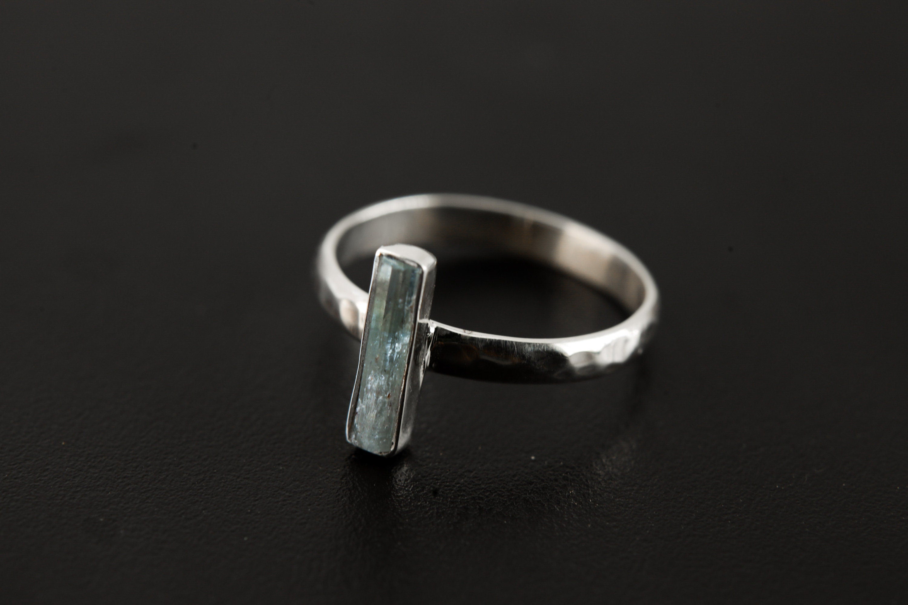 Sterling Silver Ring with Australian Gem Aquamarine, Hammer Textured & Shiny Half Round Band, Size 8 US, Throat Chakra, Pisces/Aquarius