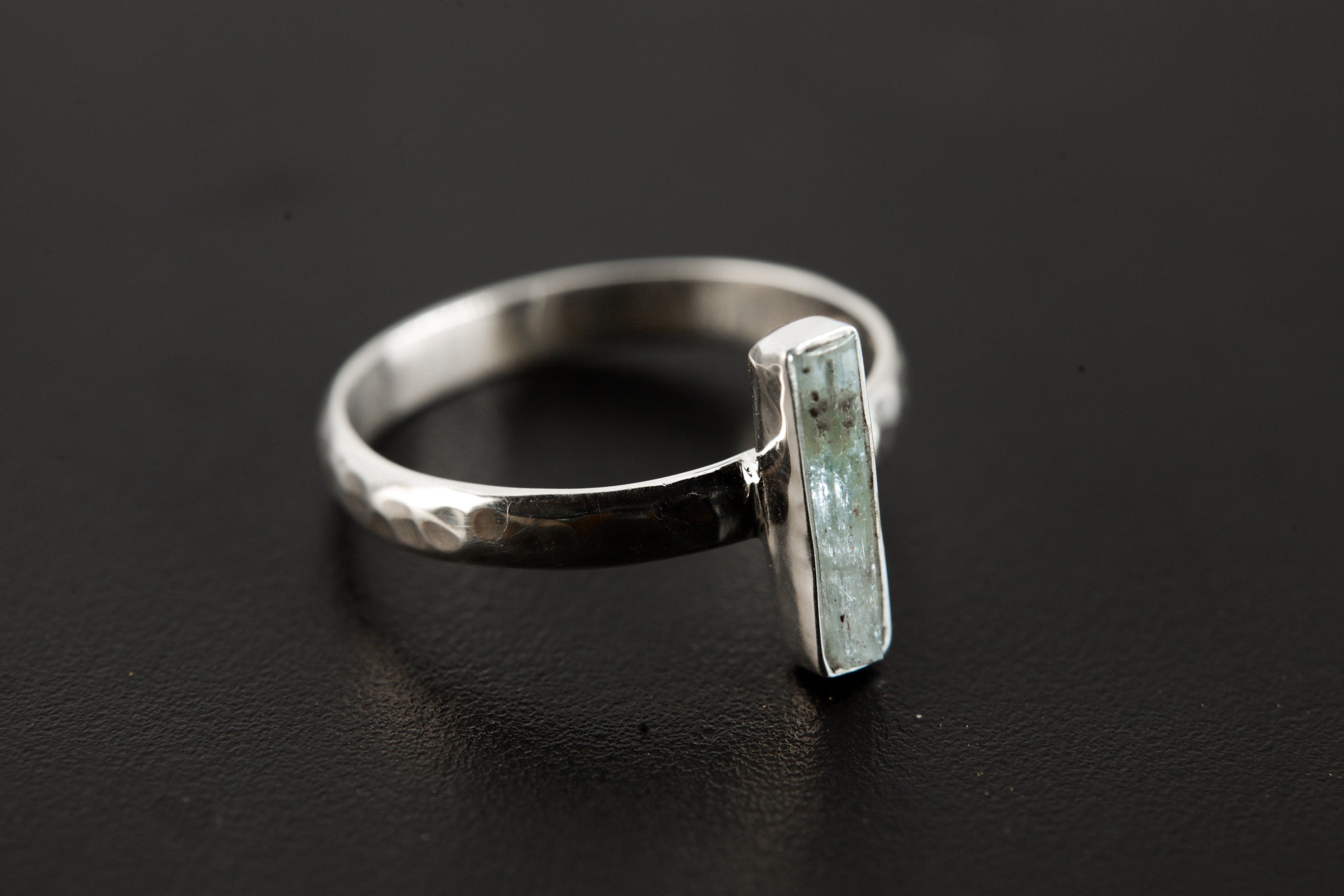 Hammered Sterling Silver Aquamarine Ring: Long Square Gemstone, Size 8