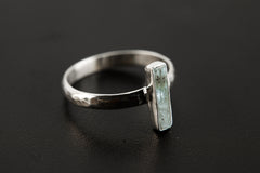 Sterling Silver Ring with Australian Gem Aquamarine, Hammer Textured & Shiny Half Round Band, Size 8 US, Throat Chakra, Pisces/Aquarius