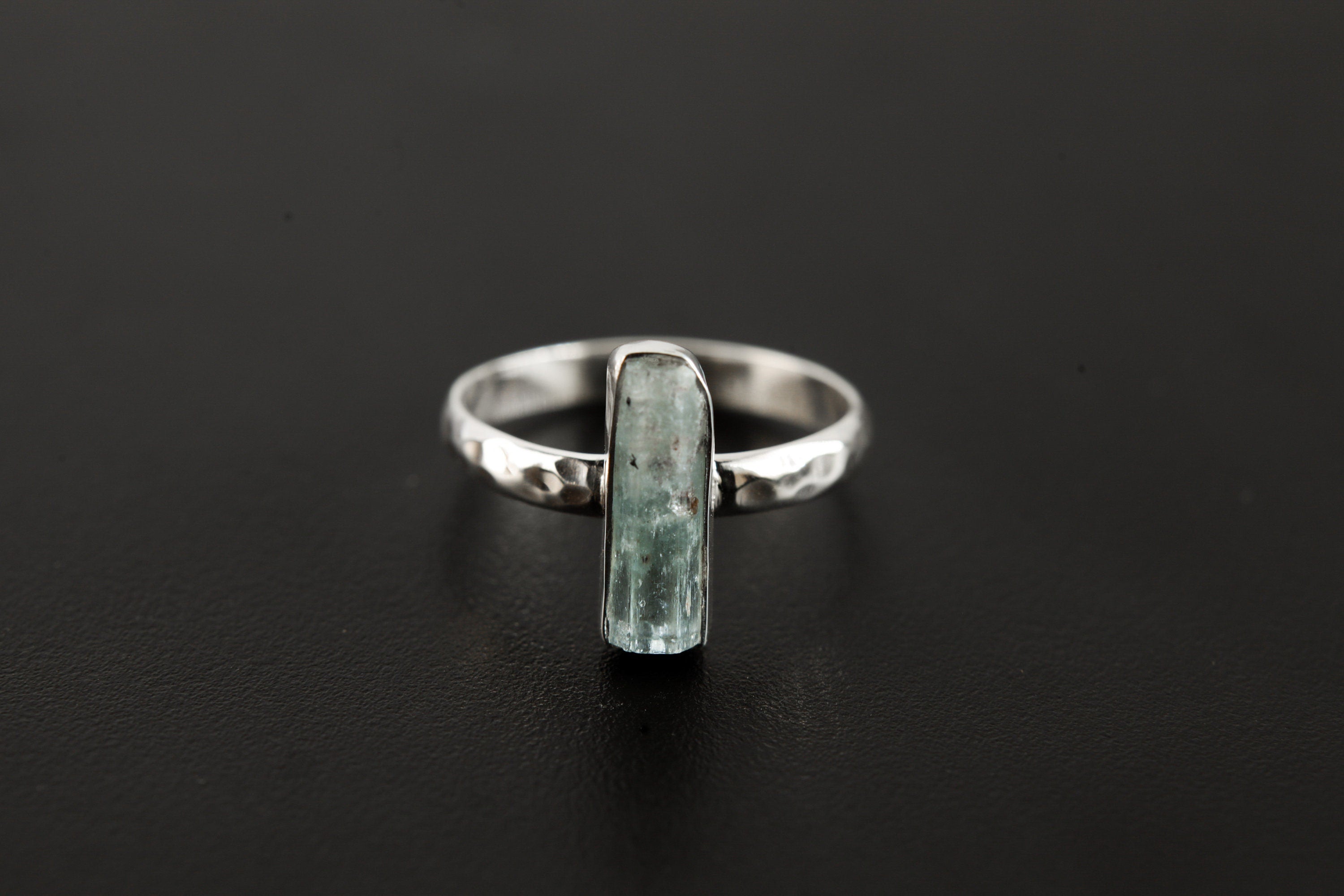 Aquamarine Crystal Ring: Hammered Sterling Silver Band, Size 8