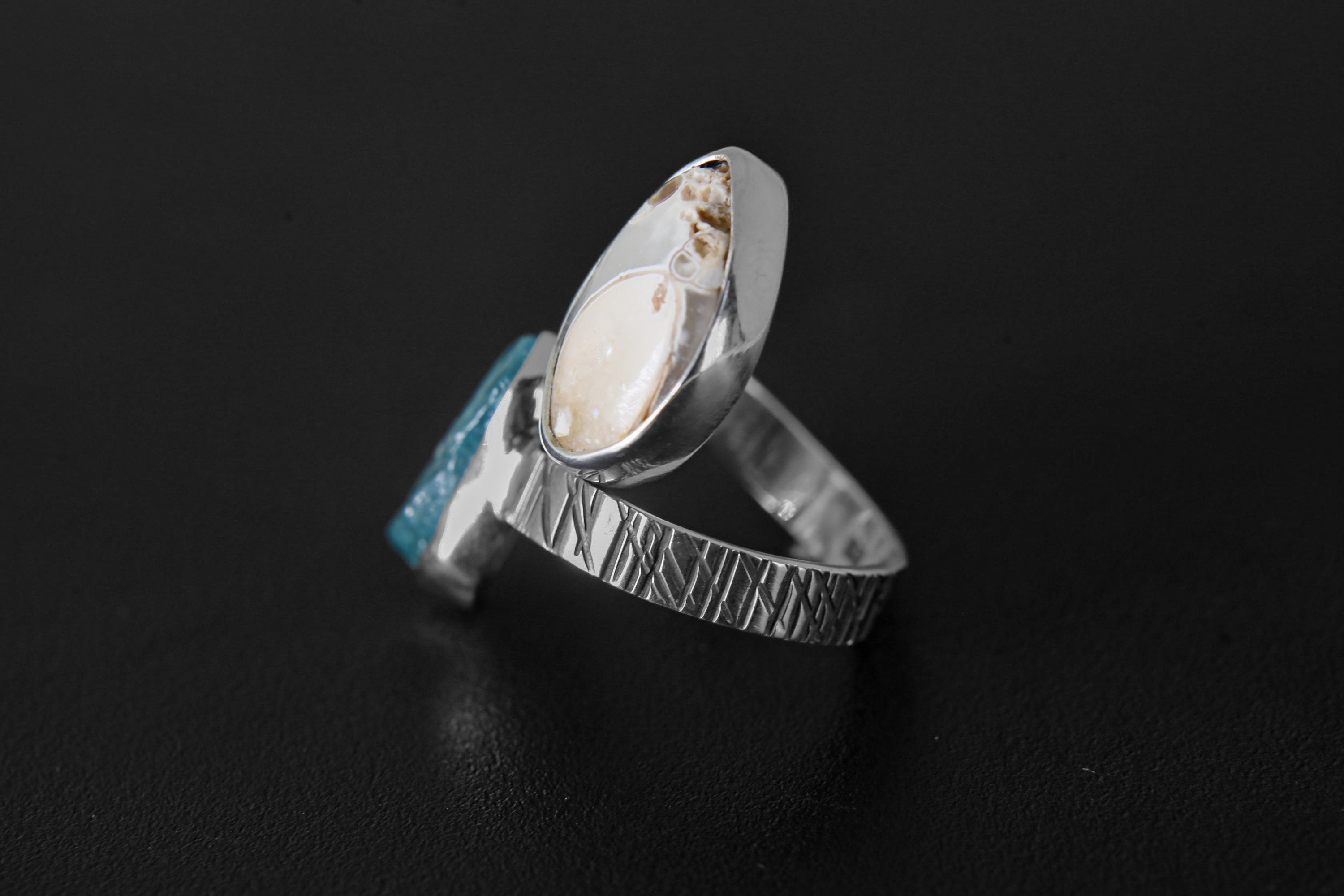 Blue Gem Apatite & Drusy Fossil Shell - 925 Sterling Silver - Double Stone - Textured, High Shine Polish - Adjustable Open Ring Band