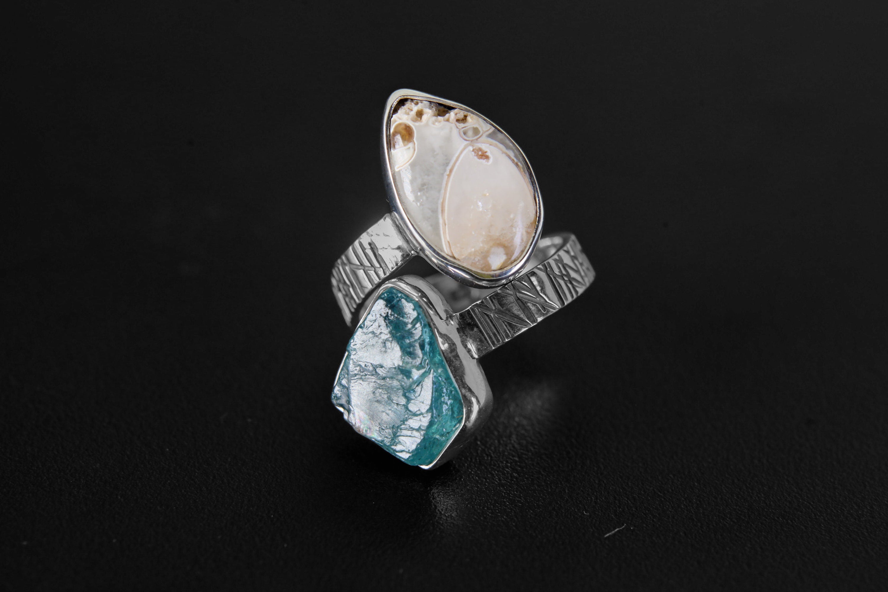 Blue Gem Apatite & Drusy Fossil Shell - 925 Sterling Silver - Double Stone - Textured, High Shine Polish - Adjustable Open Ring Band