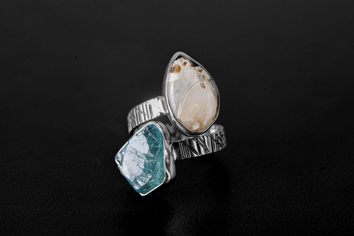 Blue Gem Apatite & Drusy Fossil Shell - 925 Sterling Silver - Double Stone - Textured, High Shine Polish - Adjustable Open Ring Band