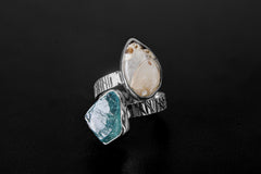 Blue Gem Apatite & Drusy Fossil Shell - 925 Sterling Silver - Double Stone - Textured, High Shine Polish - Adjustable Open Ring Band