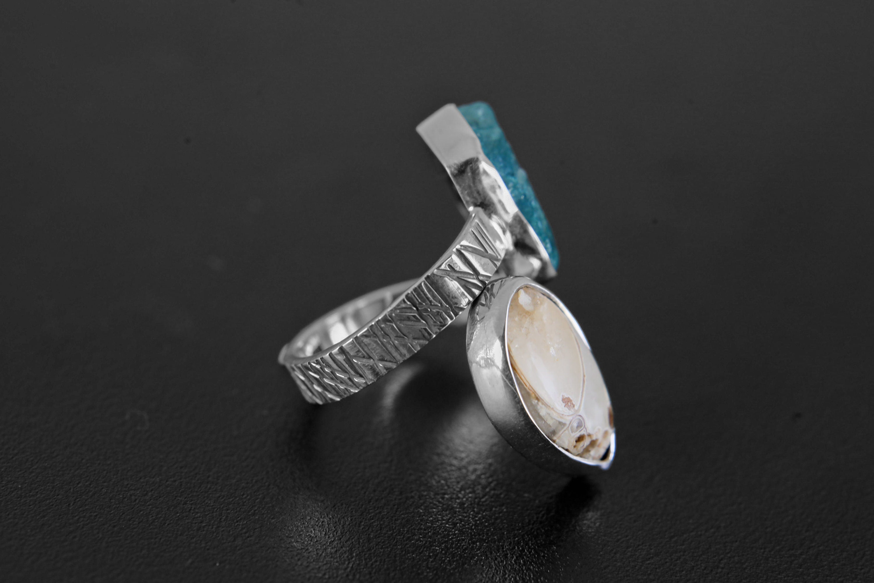 Blue Gem Apatite & Drusy Fossil Shell - 925 Sterling Silver - Double Stone - Textured, High Shine Polish - Adjustable Open Ring Band