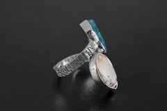 Blue Gem Apatite & Drusy Fossil Shell - 925 Sterling Silver - Double Stone - Textured, High Shine Polish - Adjustable Open Ring Band