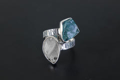 Blue Gem Apatite & Drusy Fossil Shell - 925 Sterling Silver - Double Stone - Textured, High Shine Polish - Adjustable Open Ring Band