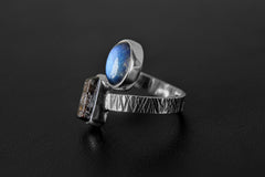 Dt Black Tourmaline & Blue Moonstone - 925 Sterling Silver - Double Stone - Textured, High Shine Polish - Adjustable Open Ring Band