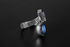 Dt Black Tourmaline & Blue Moonstone - 925 Sterling Silver - Double Stone - Textured, High Shine Polish - Adjustable Open Ring Band