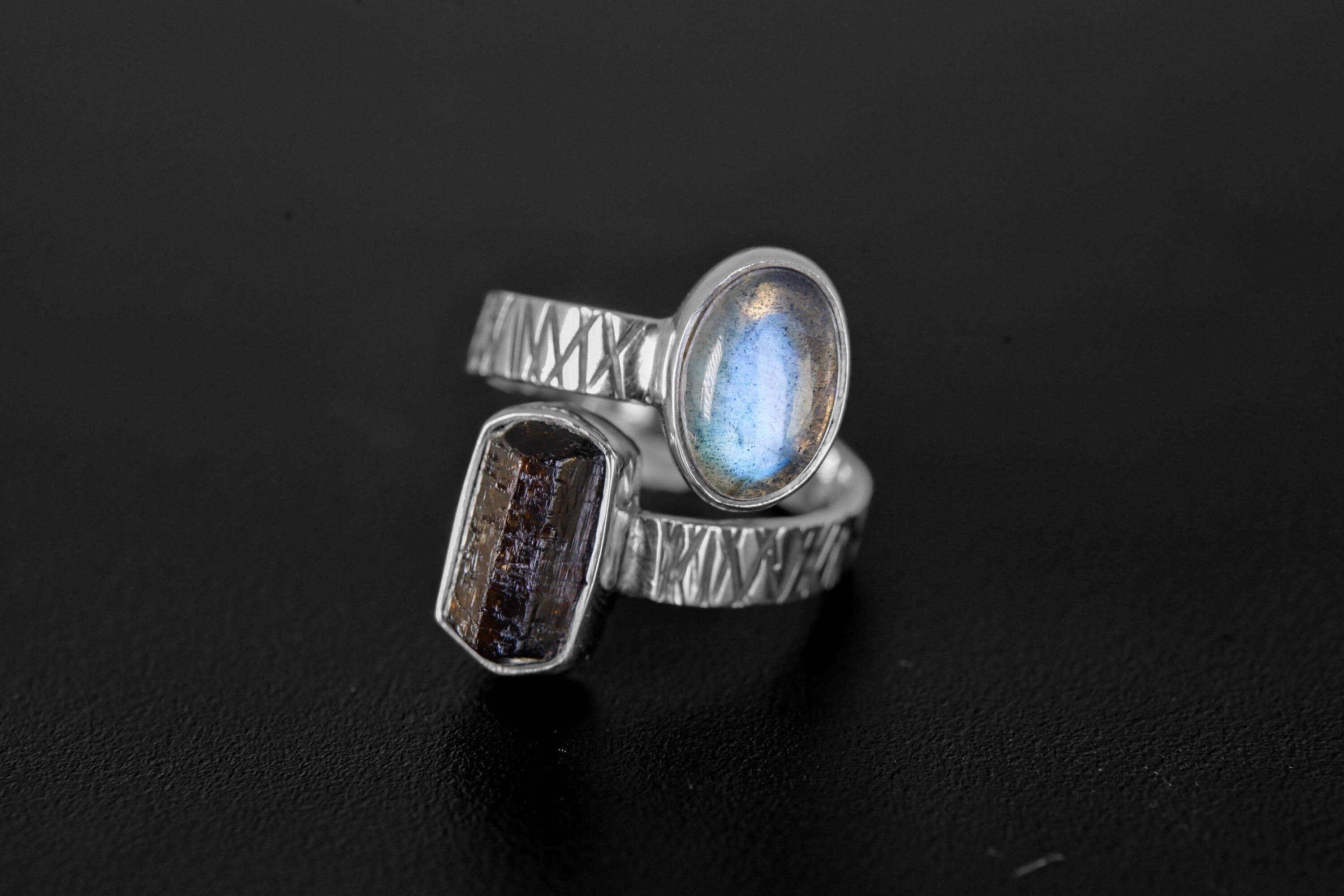 Dt Black Tourmaline & Blue Moonstone - 925 Sterling Silver - Double Stone - Textured, High Shine Polish - Adjustable Open Ring Band