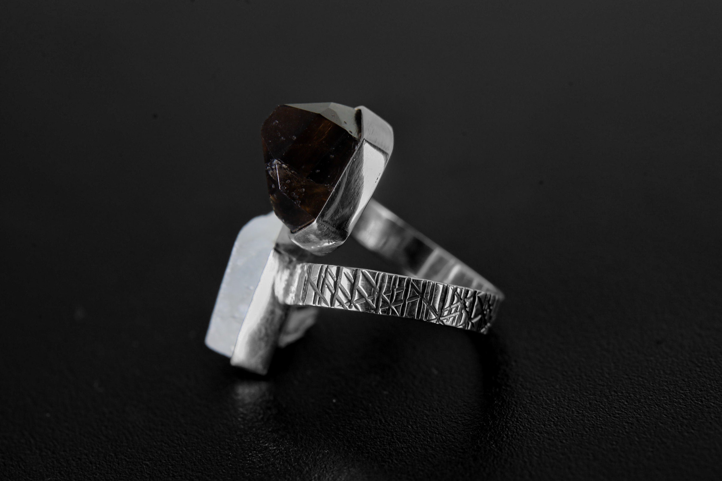 Rough Blue Moonstone, Morella Smoky Quartz - Double Stone - Textured, High Shine Polish - Adjustable Open Ring Band