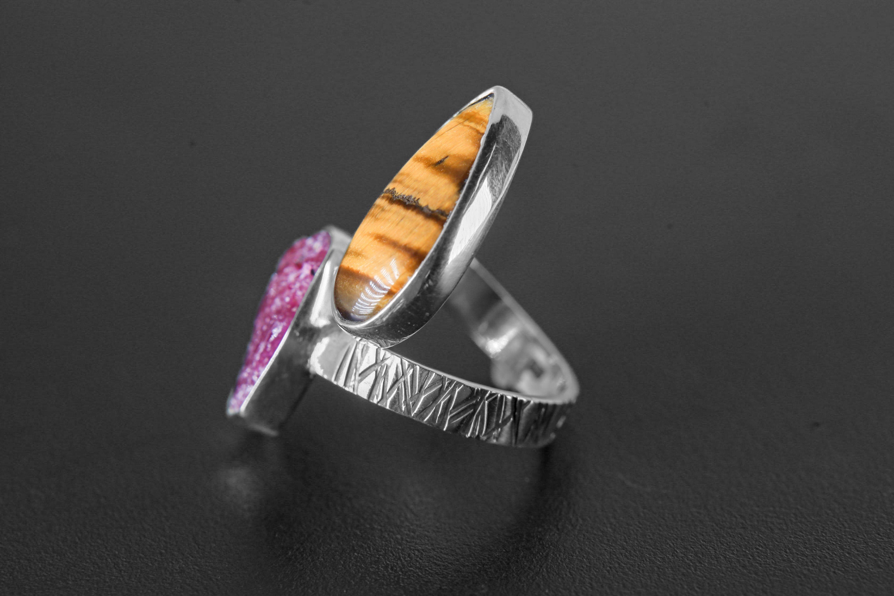 Double Stone Ring: Raw Ruby, Tiger's Eye, Sterling Silver Adjustable Band