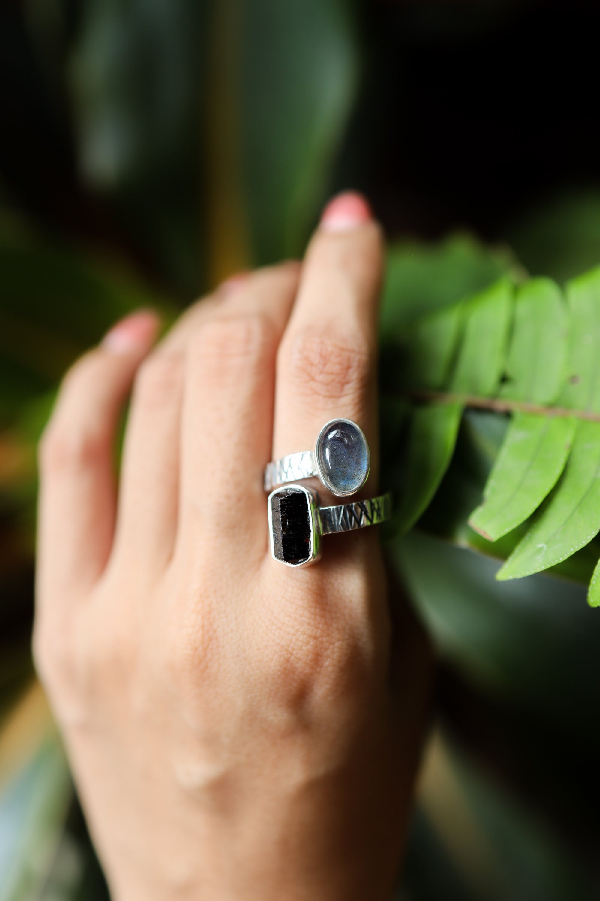 Dt Black Tourmaline & Blue Moonstone - 925 Sterling Silver - Double Stone - Textured, High Shine Polish - Adjustable Open Ring Band