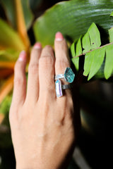 Angel Aura Quartz & Blue Gem Apatite - 925 Sterling Silver - Double Stone - Textured, High Shine Polish - Adjustable Open Ring Band