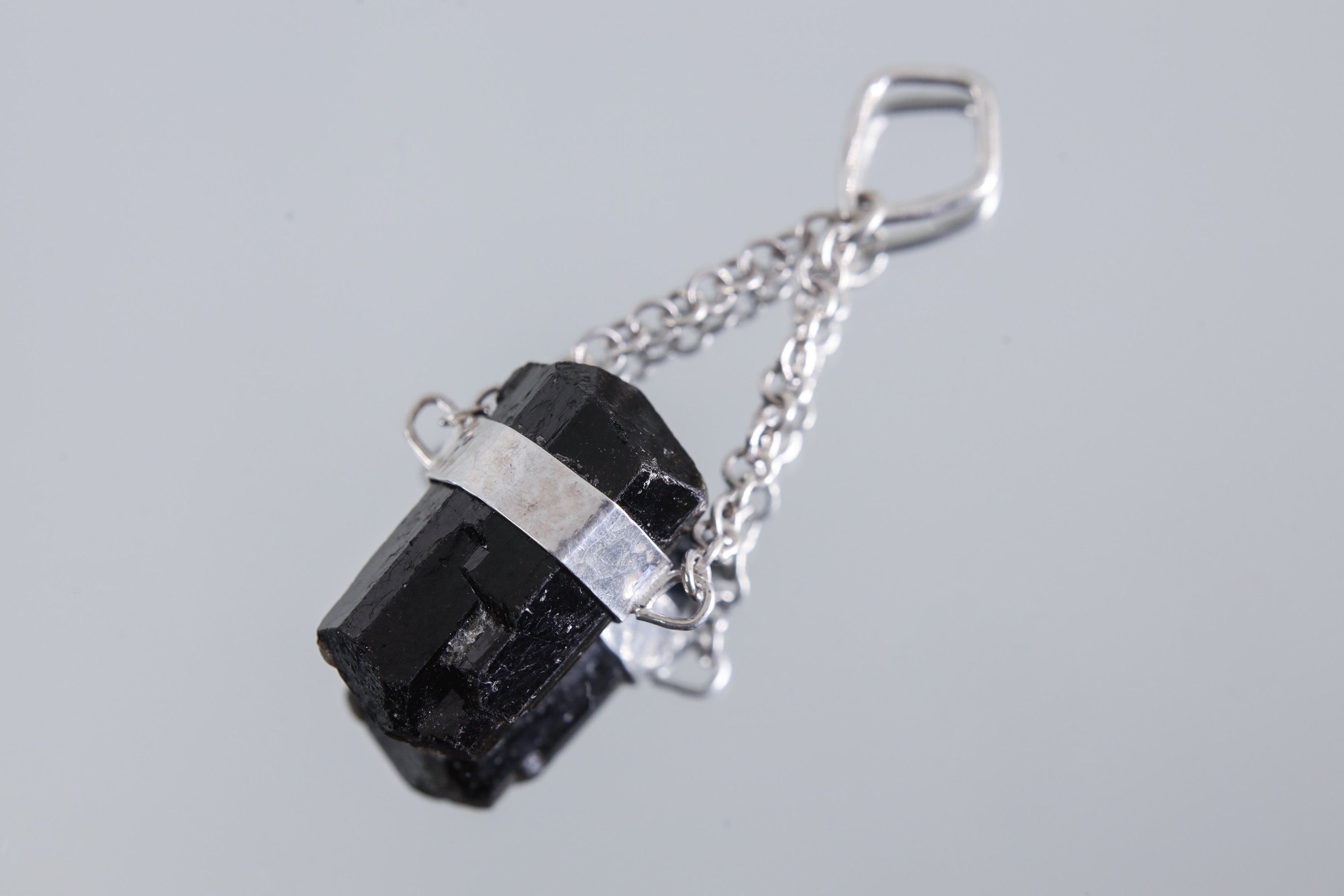 Double Terminated Black Tourmaline Pendant, Wrapped Textured Silver, Chain Bail, Sterling Silver Crystal Charm, Protective Energy, N0/02