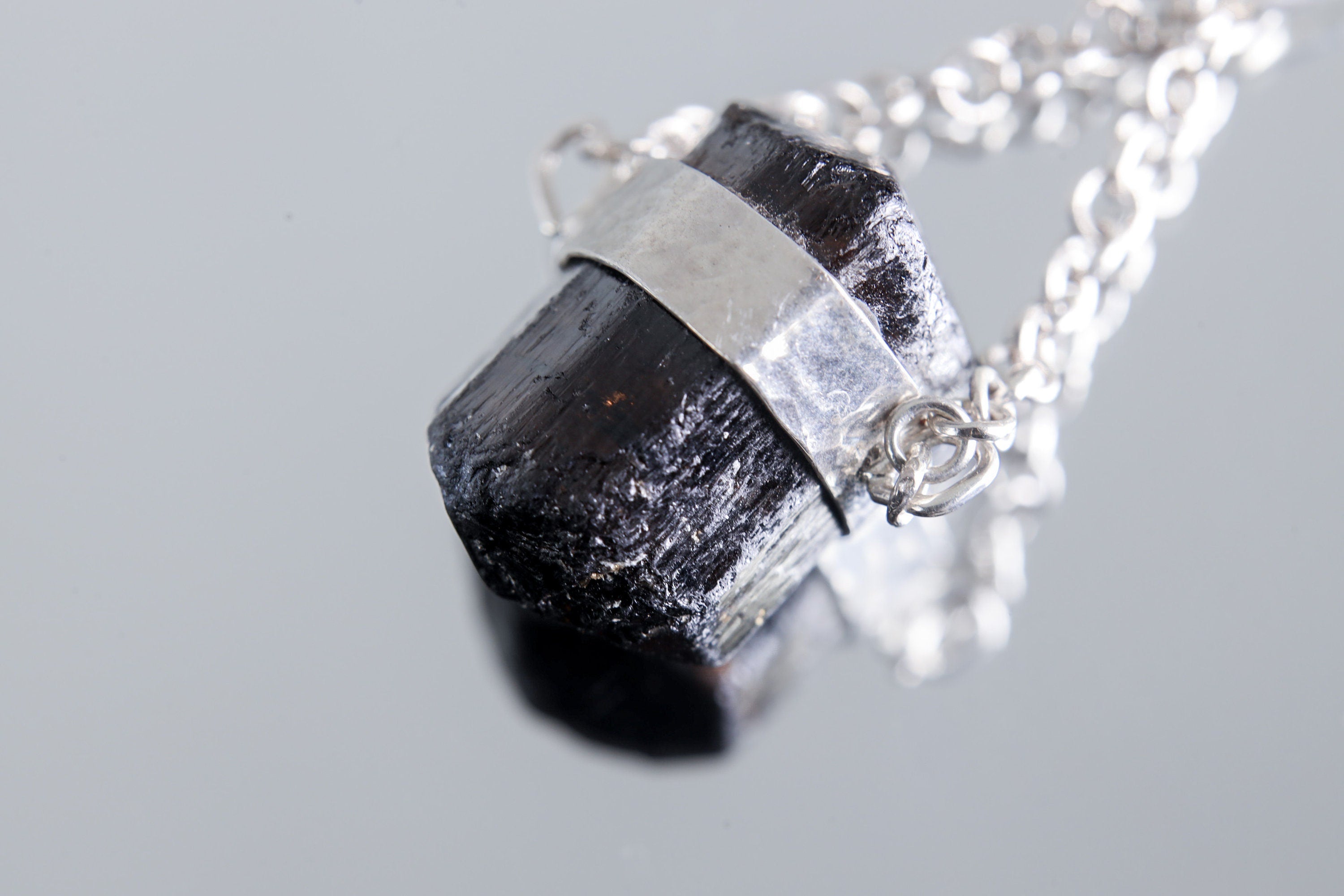 Double Terminated Black Tourmaline Pendant, Wrapped Textured Silver, Chain Bail, Sterling Silver Crystal Charm, Protective Energy, N0/04
