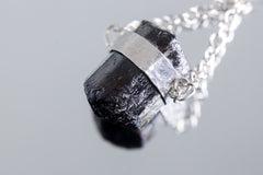 Double Terminated Black Tourmaline Pendant, Wrapped Textured Silver, Chain Bail, Sterling Silver Crystal Charm, Protective Energy, N0/04