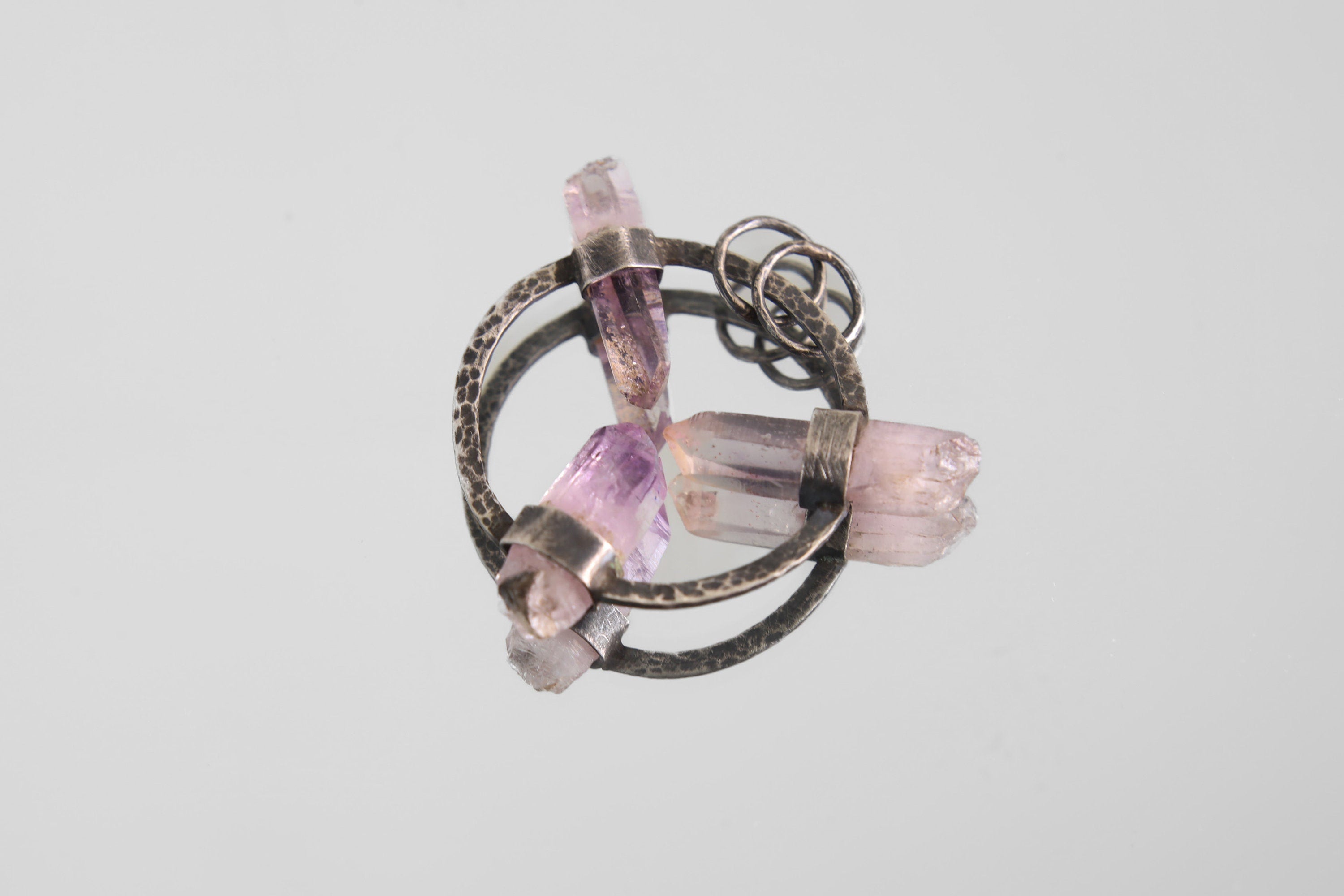 Sterling Silver Pendant adorned with Three Vera Cruz Amethyst - Crystals Necklace - Oxidized & Hammer Finished