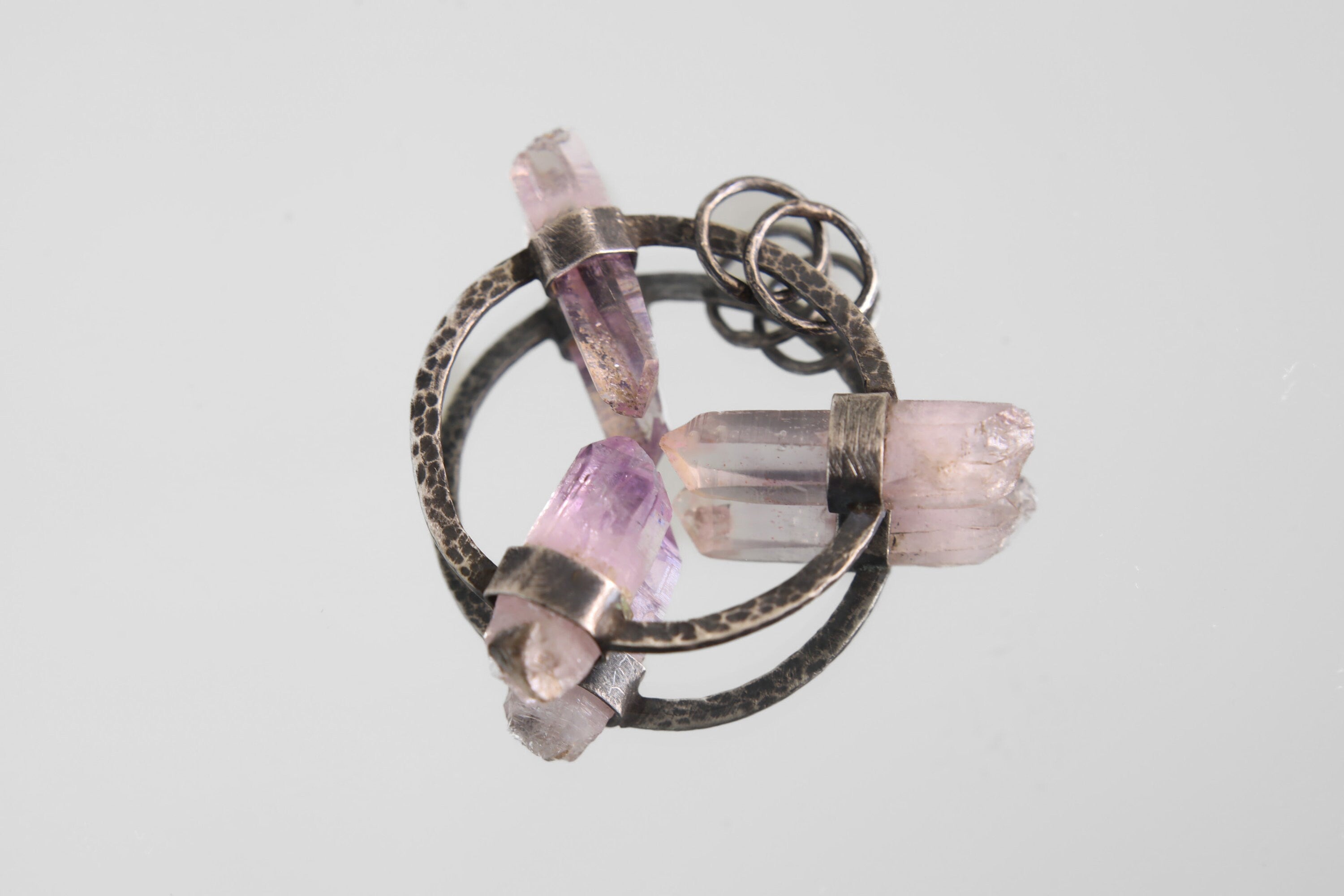 Sterling Silver Pendant adorned with Three Vera Cruz Amethyst - Crystals Necklace - Oxidized & Hammer Finished