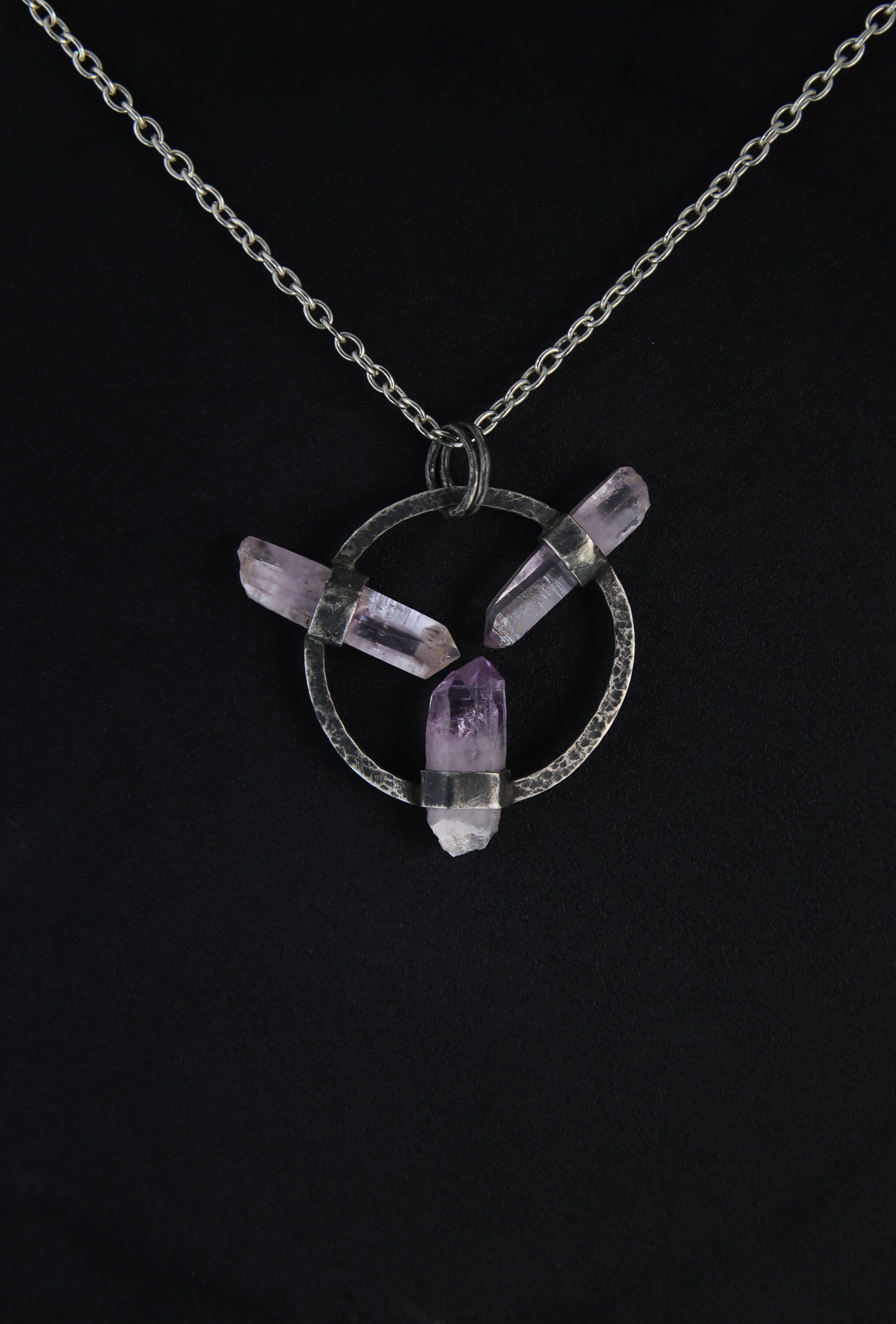 Sterling Silver Pendant adorned with Three Vera Cruz Amethyst - Crystals Necklace - Oxidized & Hammer Finished
