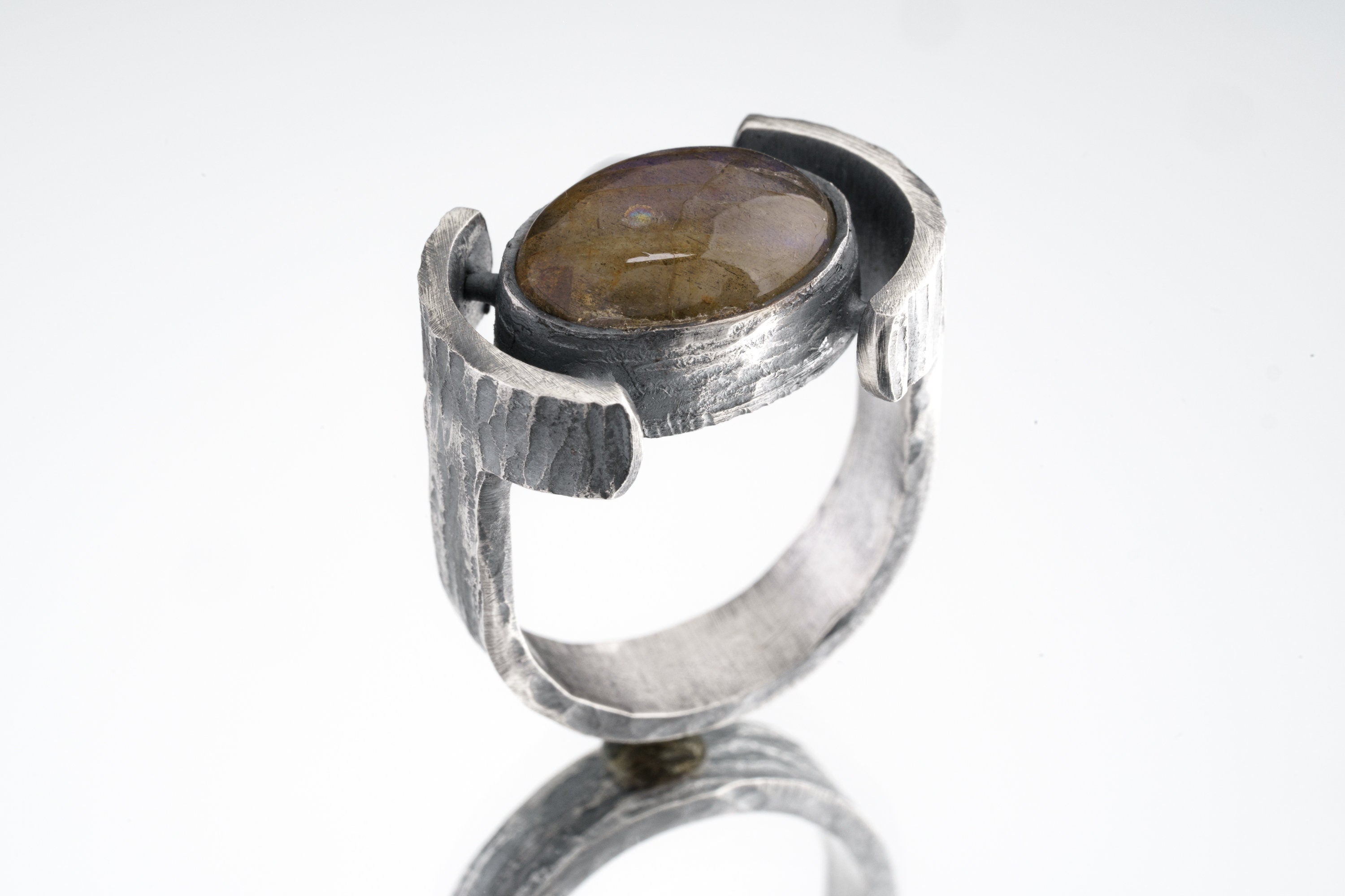 Oval Labradorite Ring 925 Sterling Silver Oxidized Adjustable Band Double Cabochon Rustic Textured Third Eye Chakra Gift
