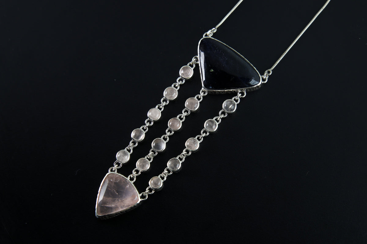 Tanzanite Rose Quartz Sterling Silver Pendant: Cascading Gemstone Necklace