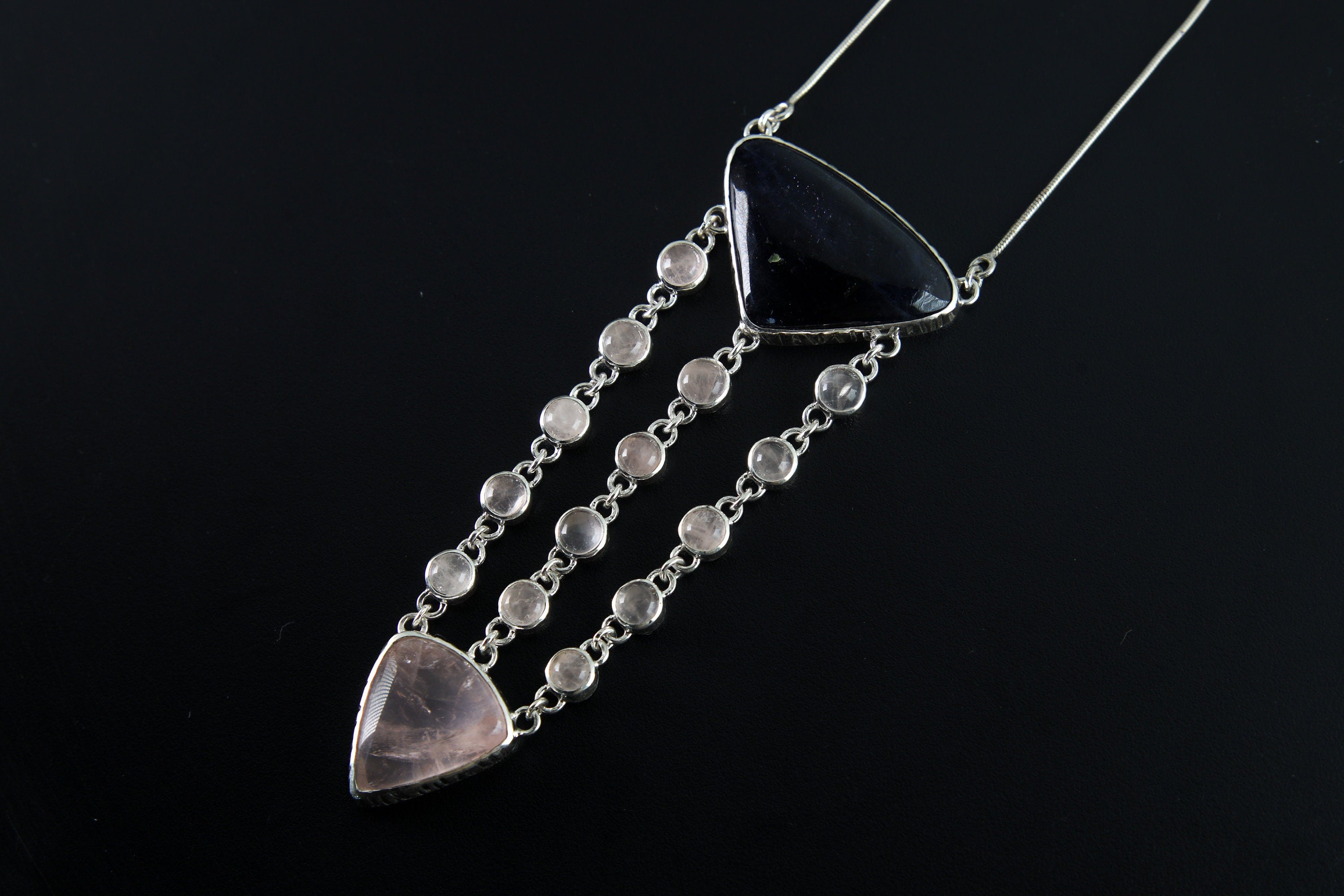 Rose Quartz Tanzanite Pendant 925 Silver Cascading Necklace Triangle Gemstone Emotional Healing Jewelry