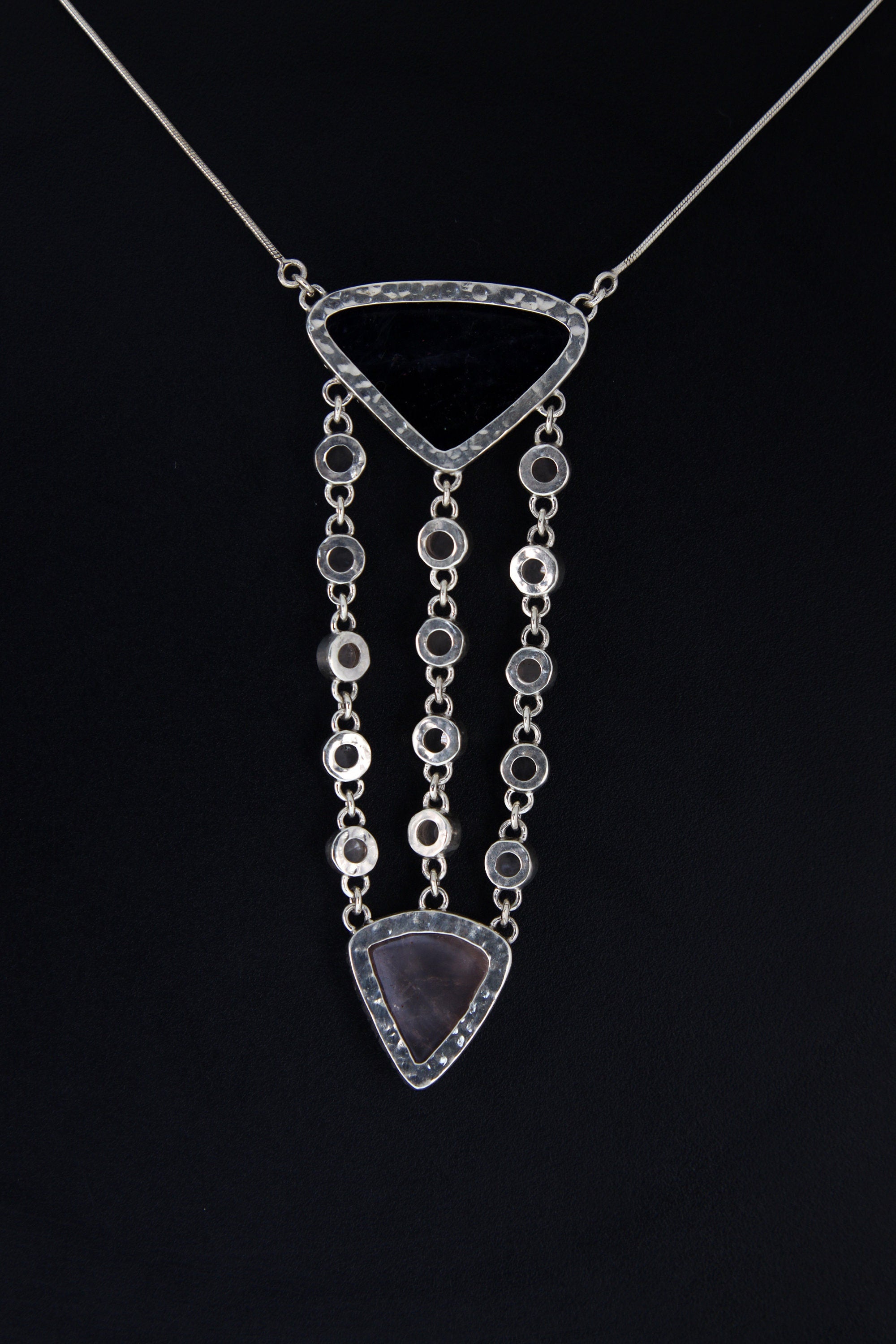 Sterling Silver Pendant Featuring Triangular Precious Tanzanite & Cascading Rose Quartz Buttons Rose Quartz Triangle 16inch Adjustable Chain